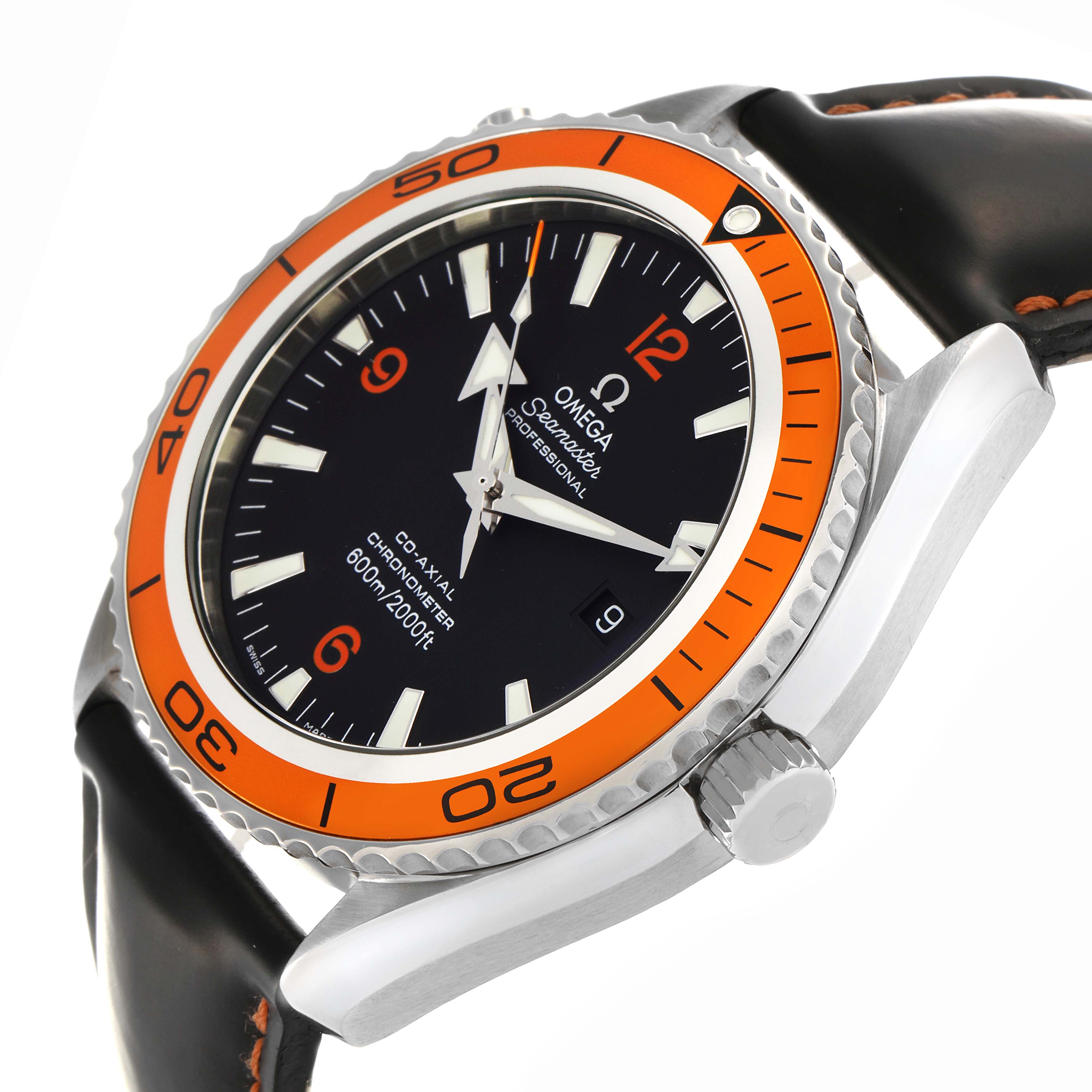 The Omega Planet Ocean 232.32.42.21.01.001 Men
s Stainless Steel Black Dial 232.32.42.21.01.001 Men
s Stainless Steel Black Dial watch is shown at a side angle, highlighting the orange bezel, black dial, and part of the strap.