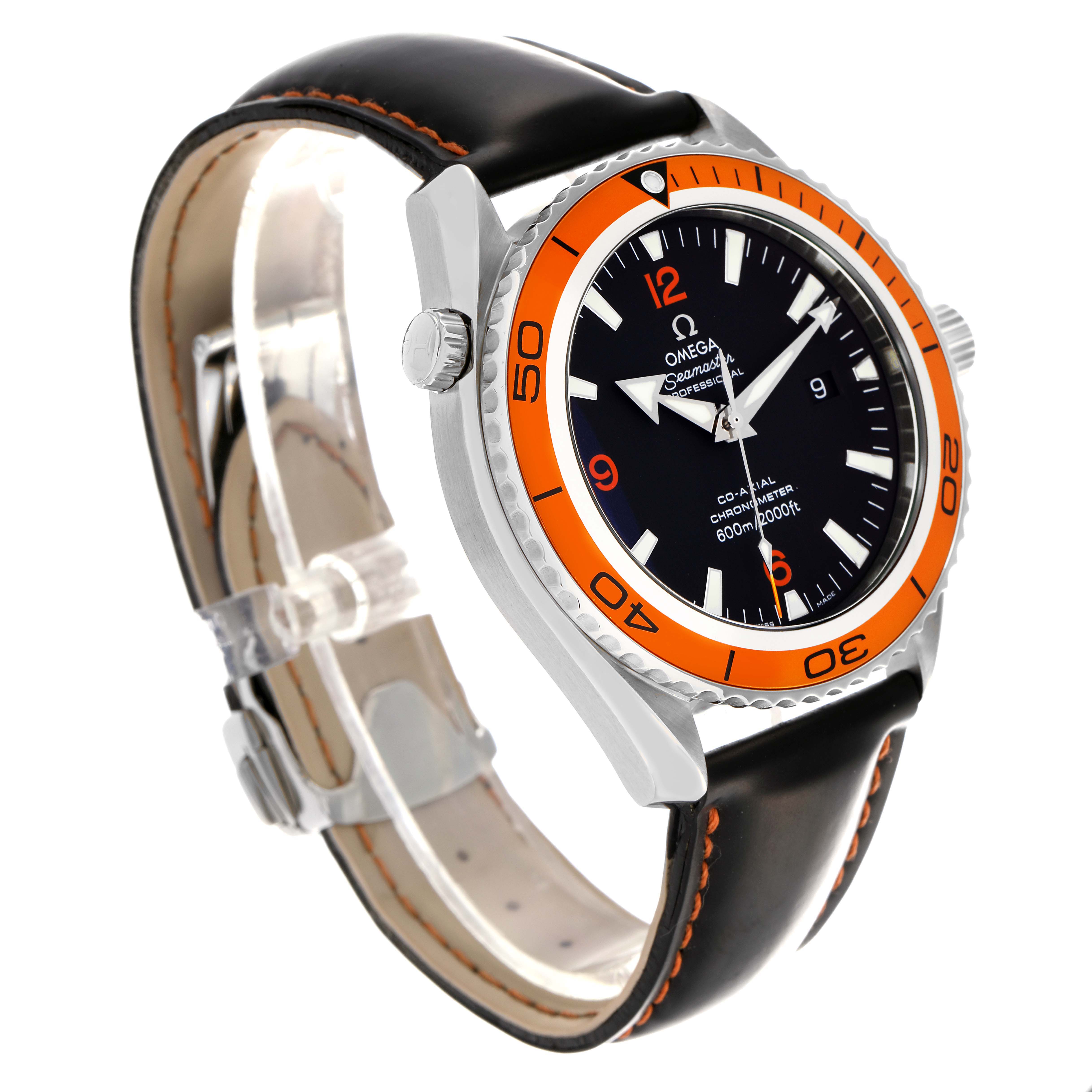 The Omega Planet Ocean 232.32.42.21.01.001 Men
s Stainless Steel Black Dial 232.32.42.21.01.001 Men
s Stainless Steel Black Dial watch is shown at a side angle, highlighting its case, crown, bezel, and black leather strap.