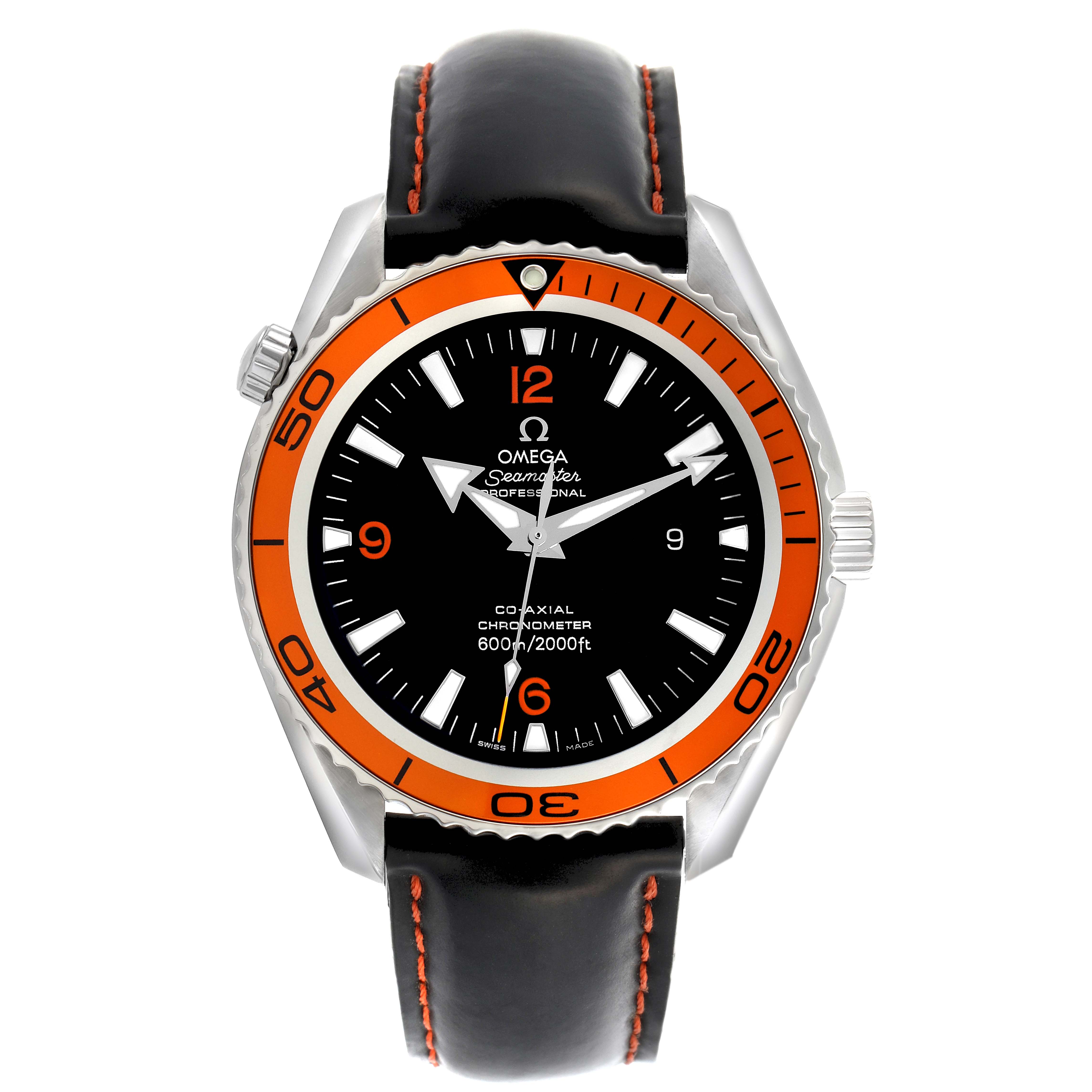 The Omega Planet Ocean 232.32.42.21.01.001 Men
s Stainless Steel Black Dial 232.32.42.21.01.001 Men
s Stainless Steel Black Dial watch is shown from a front angle, displaying the bezel, dial, and leather strap.