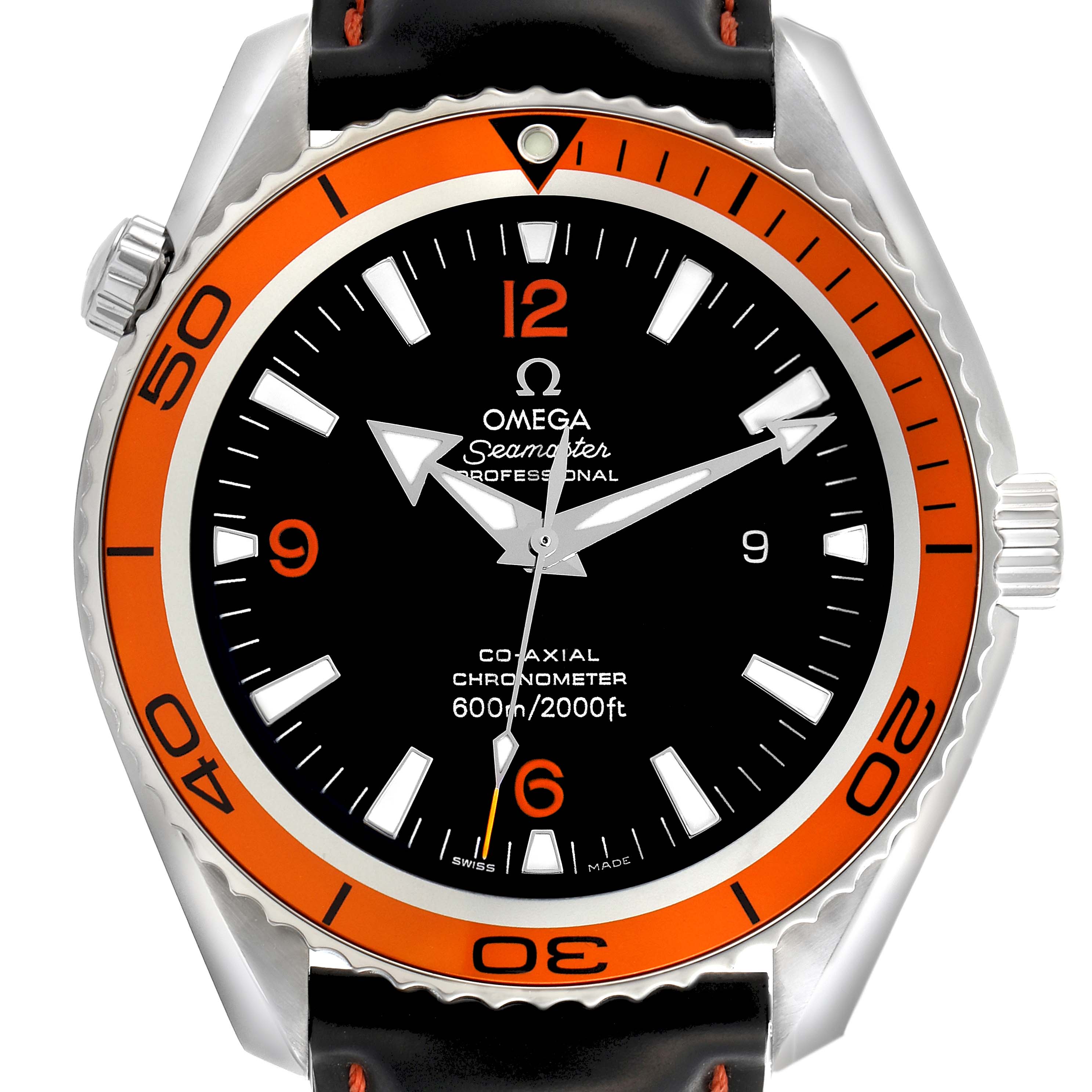 The Omega Planet Ocean 232.32.42.21.01.001 Men
s Stainless Steel Black Dial 232.32.42.21.01.001 Men
s Stainless Steel Black Dial watch is shown from the front, displaying the face with orange bezel and crown on the side.