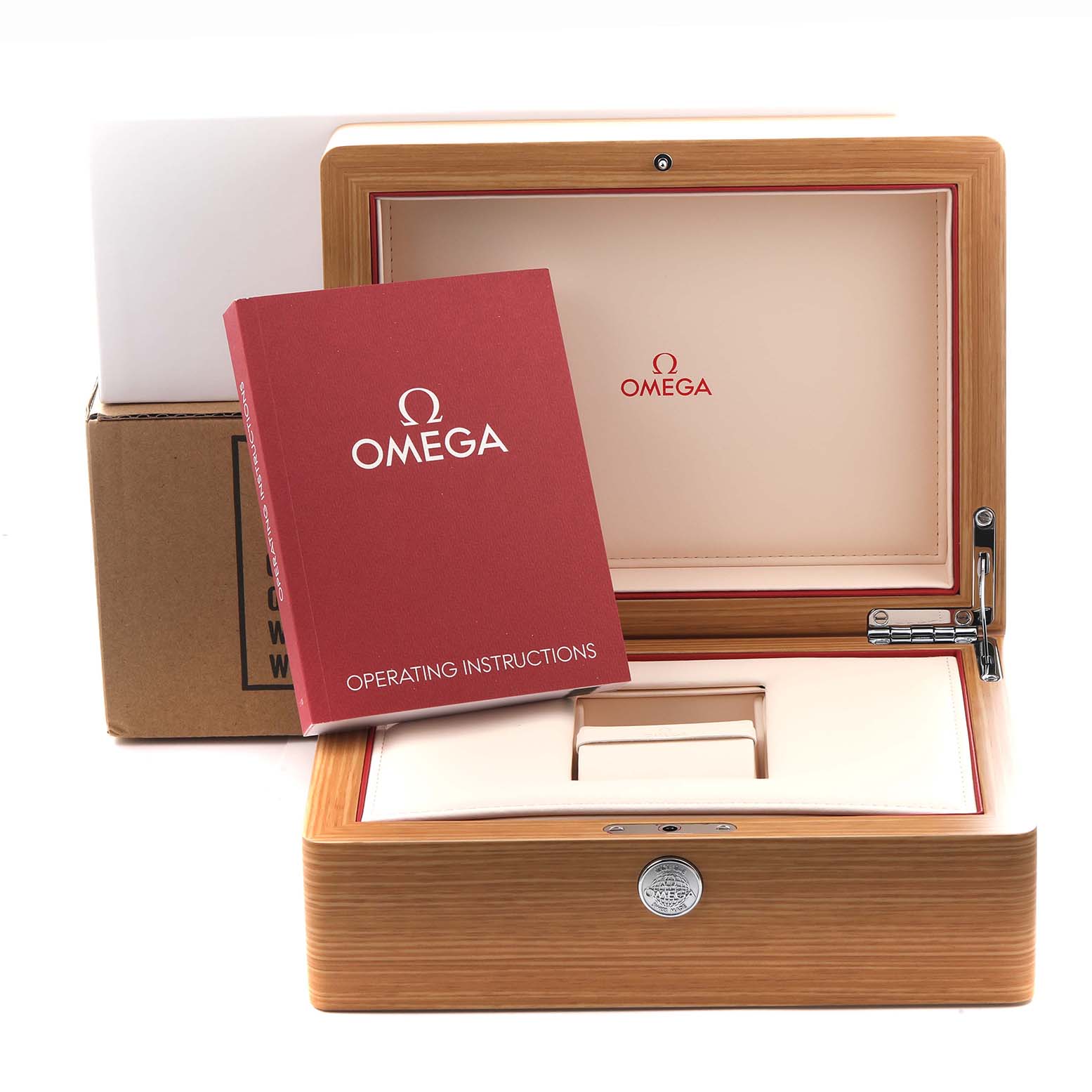 The image shows the Omega Planet Ocean 232.30.46.51.01.002 Men
s Stainless Steel Black Dial 232.30.46.51.01.002 Men
s Stainless Steel Black Dial
s box at an angle, with its instruction manual prominently displayed.