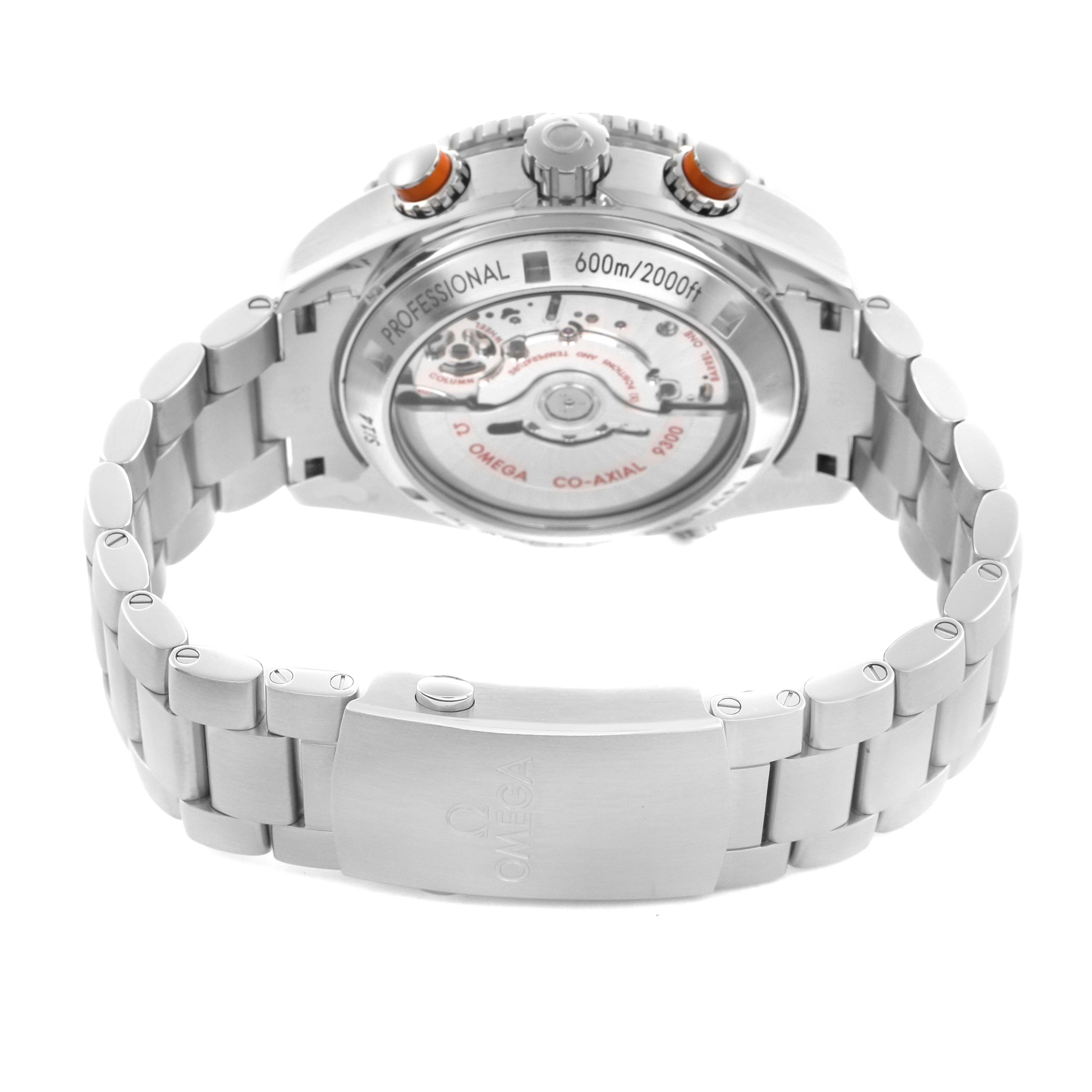 The image shows the back of an Omega Planet Ocean 232.30.46.51.01.002 Men
s Stainless Steel Black Dial 232.30.46.51.01.002 Men
s Stainless Steel Black Dial watch, featuring the case back, bracelet, and clasp.