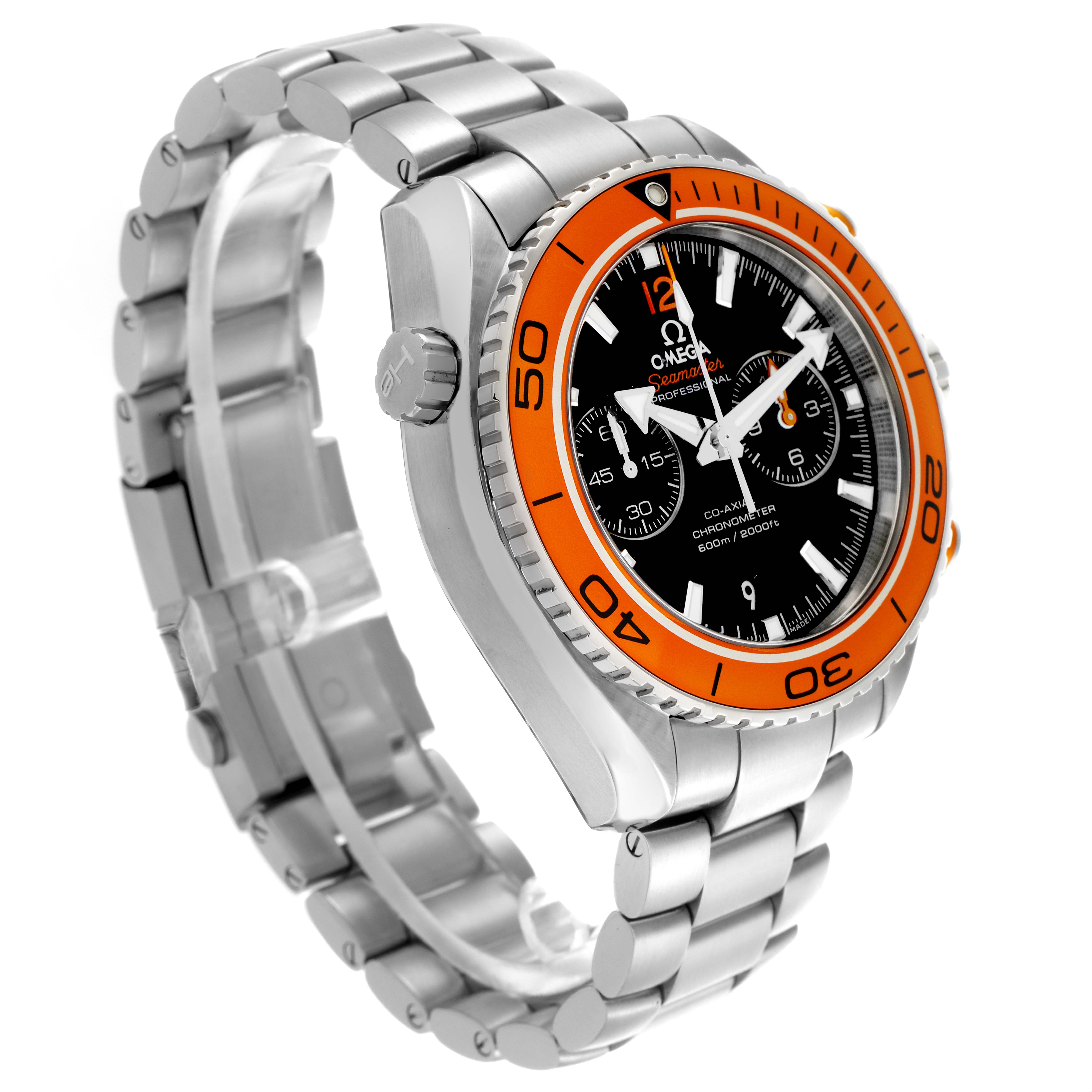 The Omega Planet Ocean 232.30.46.51.01.002 Men
s Stainless Steel Black Dial 232.30.46.51.01.002 Men
s Stainless Steel Black Dial watch is shown in a three-quarter angle, highlighting the dial, bezel, and bracelet.