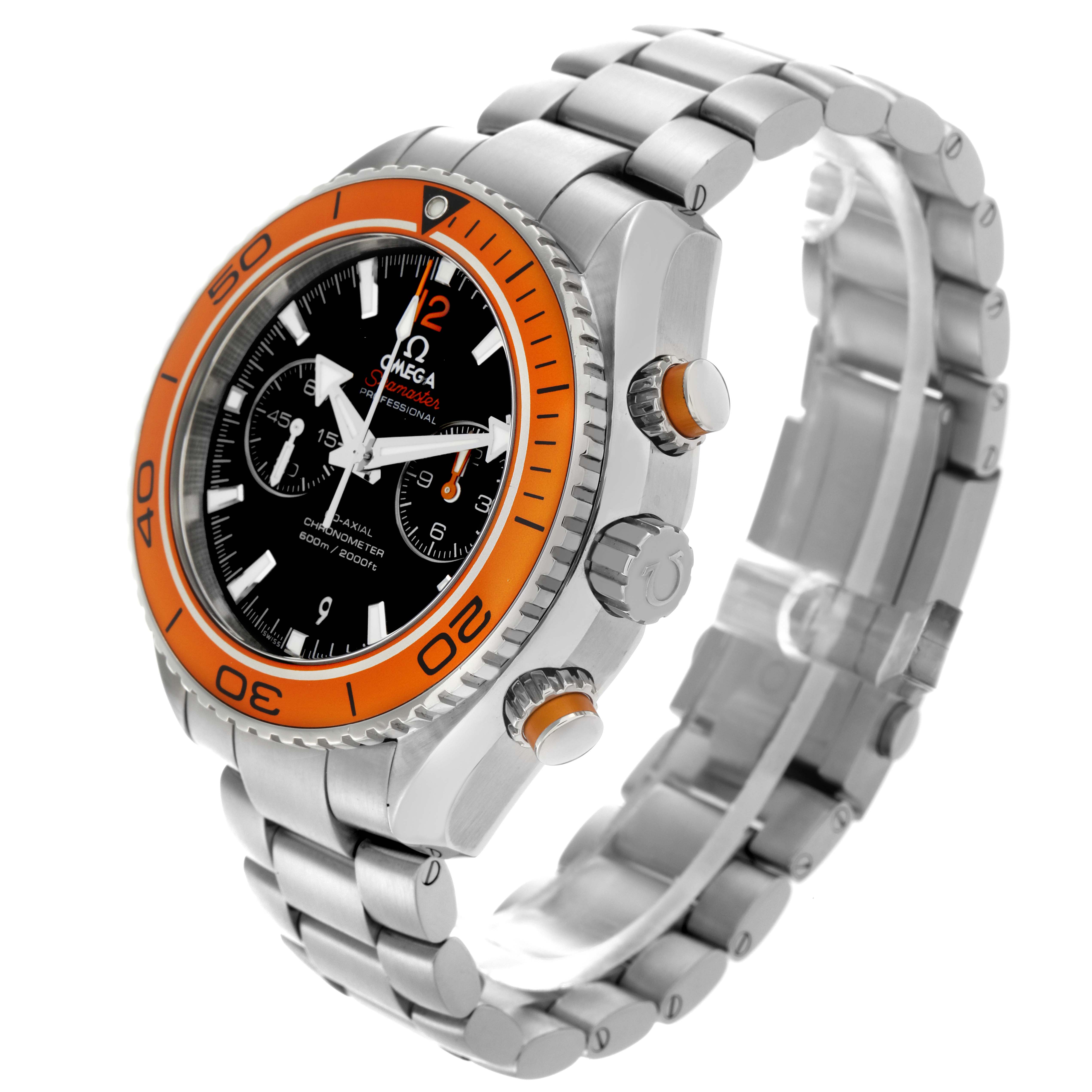 The Omega Planet Ocean 232.30.46.51.01.002 Men
s Stainless Steel Black Dial 232.30.46.51.01.002 Men
s Stainless Steel Black Dial watch is shown at an angle highlighting the face, bezel, crown, and stainless steel band.