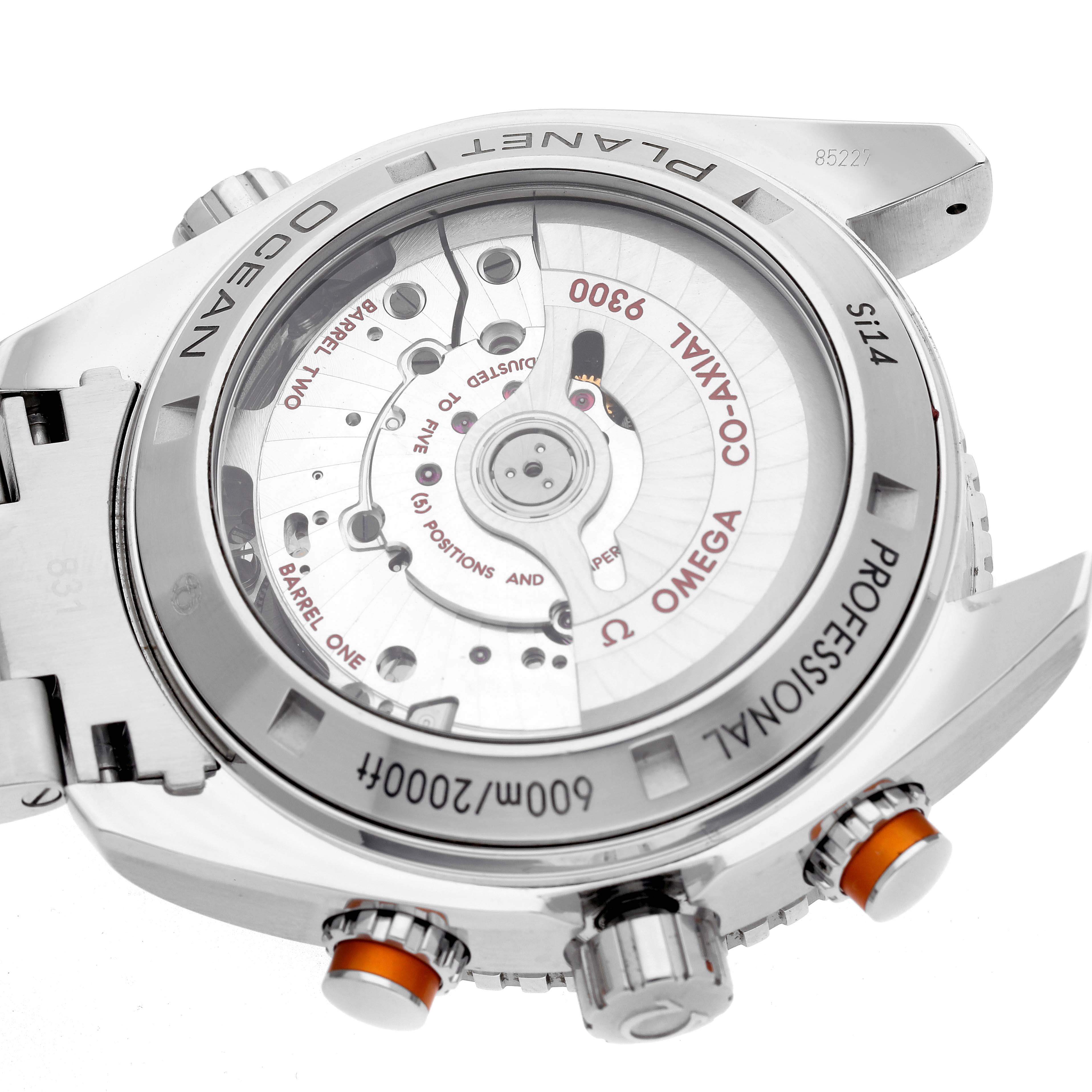 The Omega Planet Ocean 232.30.46.51.01.002 Men
s Stainless Steel Black Dial 232.30.46.51.01.002 Men
s Stainless Steel Black Dial watch is shown from the back, highlighting the movement and transparent case back.