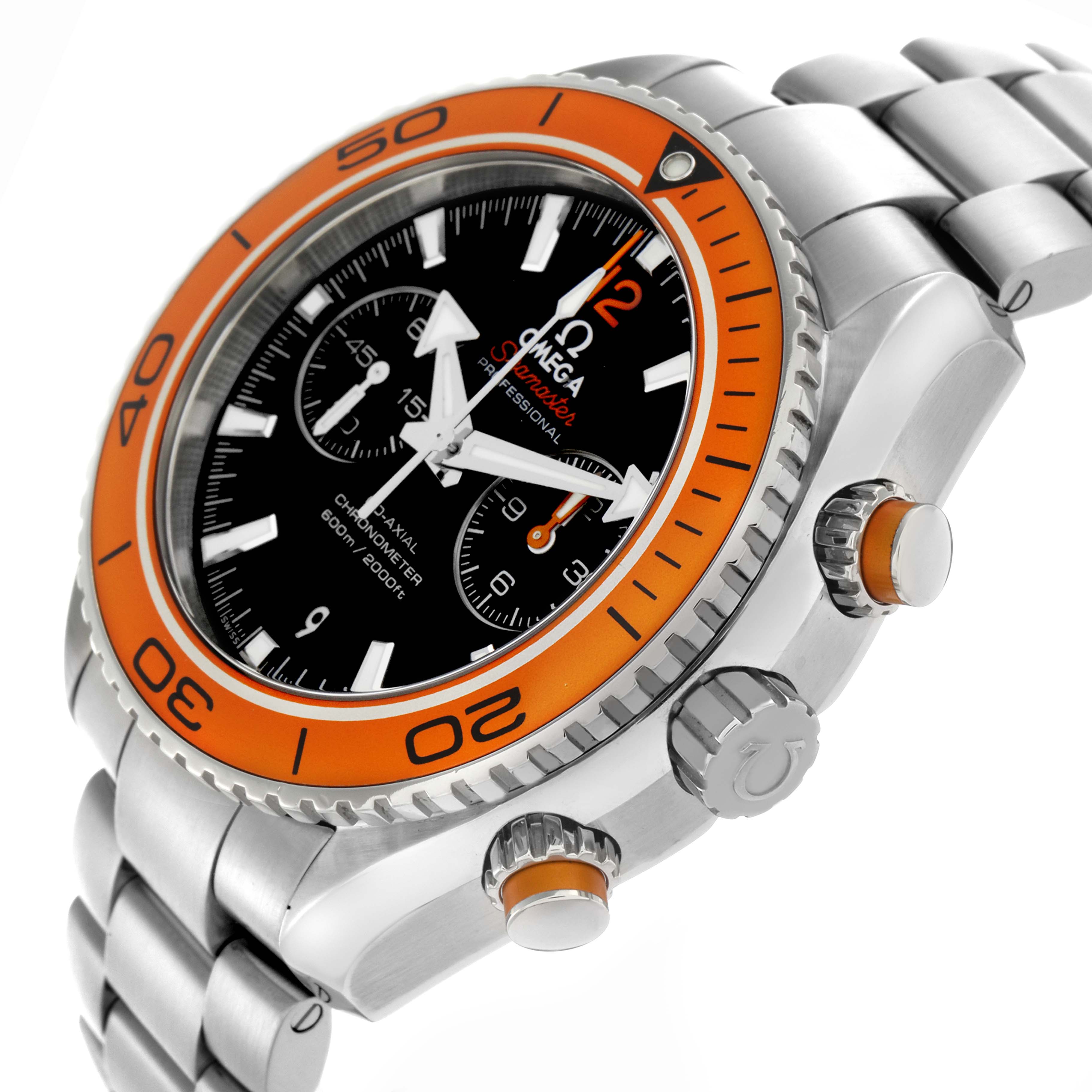 The Omega Planet Ocean 232.30.46.51.01.002 Men
s Stainless Steel Black Dial 232.30.46.51.01.002 Men
s Stainless Steel Black Dial watch is shown at a slight side angle, highlighting its orange bezel, chronograph dials, and metal bracelet.