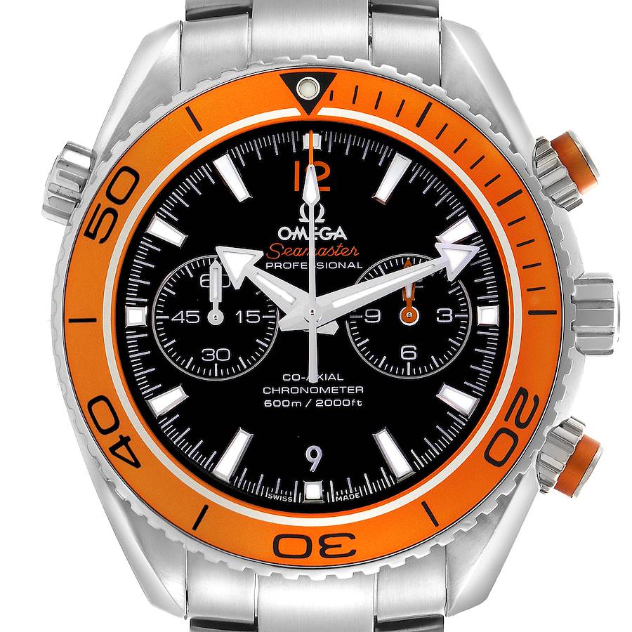 The Omega Planet Ocean watch is shown from a front angle, highlighting the bezel, dial, and bracelet.