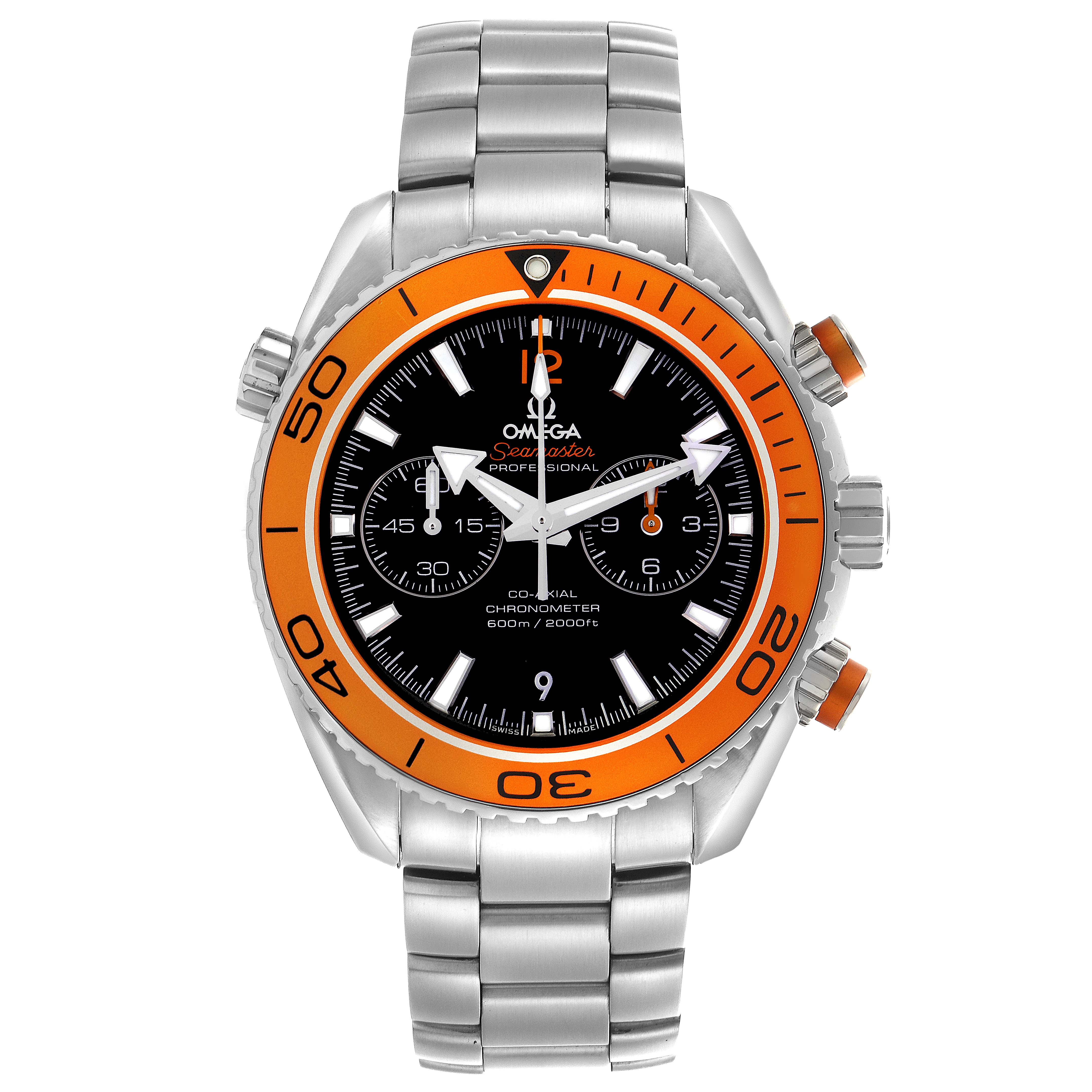 The Omega Planet Ocean 232.30.46.51.01.002 Men
s Stainless Steel Black Dial 232.30.46.51.01.002 Men
s Stainless Steel Black Dial watch is shown from the front, featuring an orange bezel, chronograph dials, and a stainless steel bracelet.