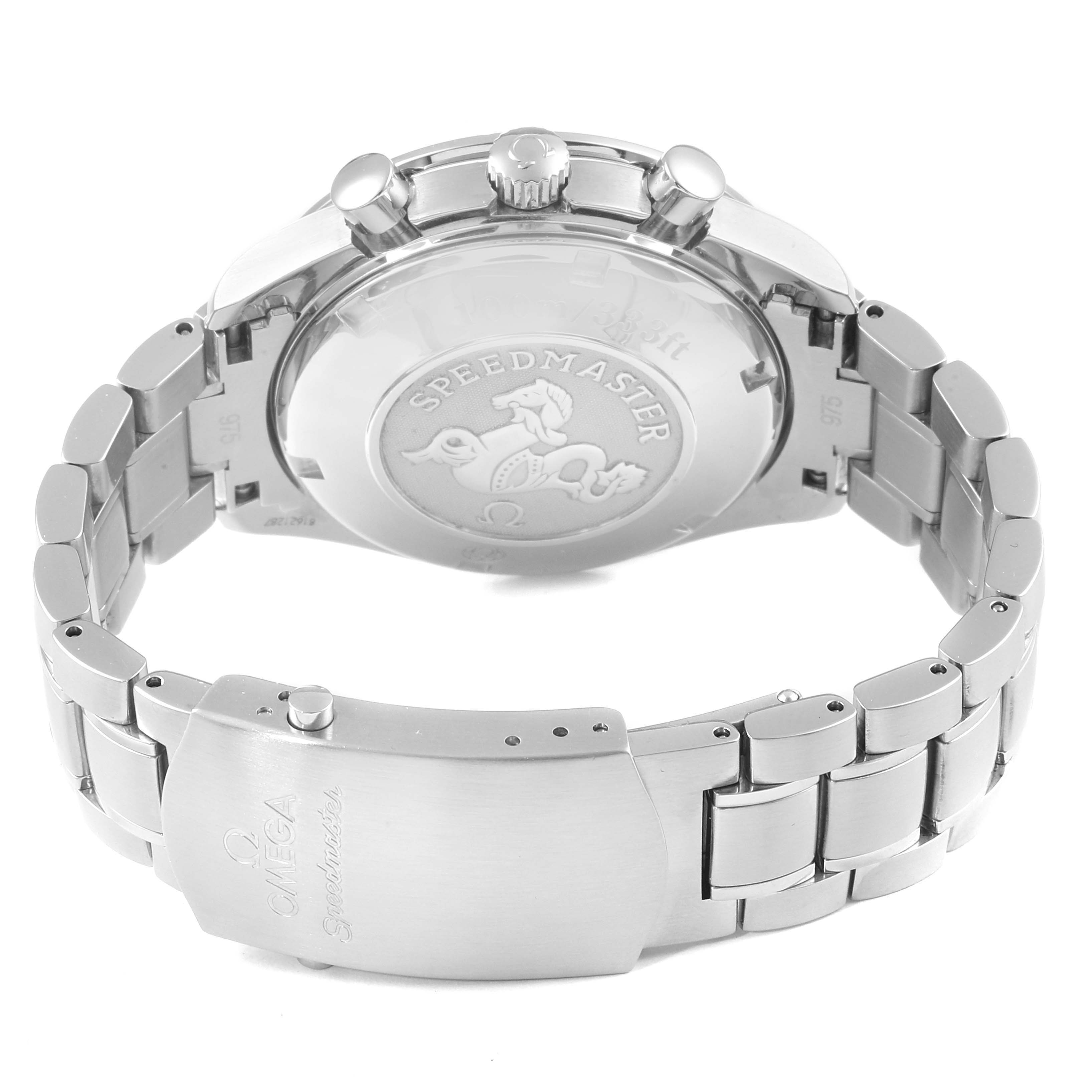 The image shows the back view of the Omega Speedmaster 3222.80.00 Men
s Stainless Steel Blue Dial 3222.80.00 Men
s Stainless Steel Blue Dial watch, focusing on the case back and metal bracelet.