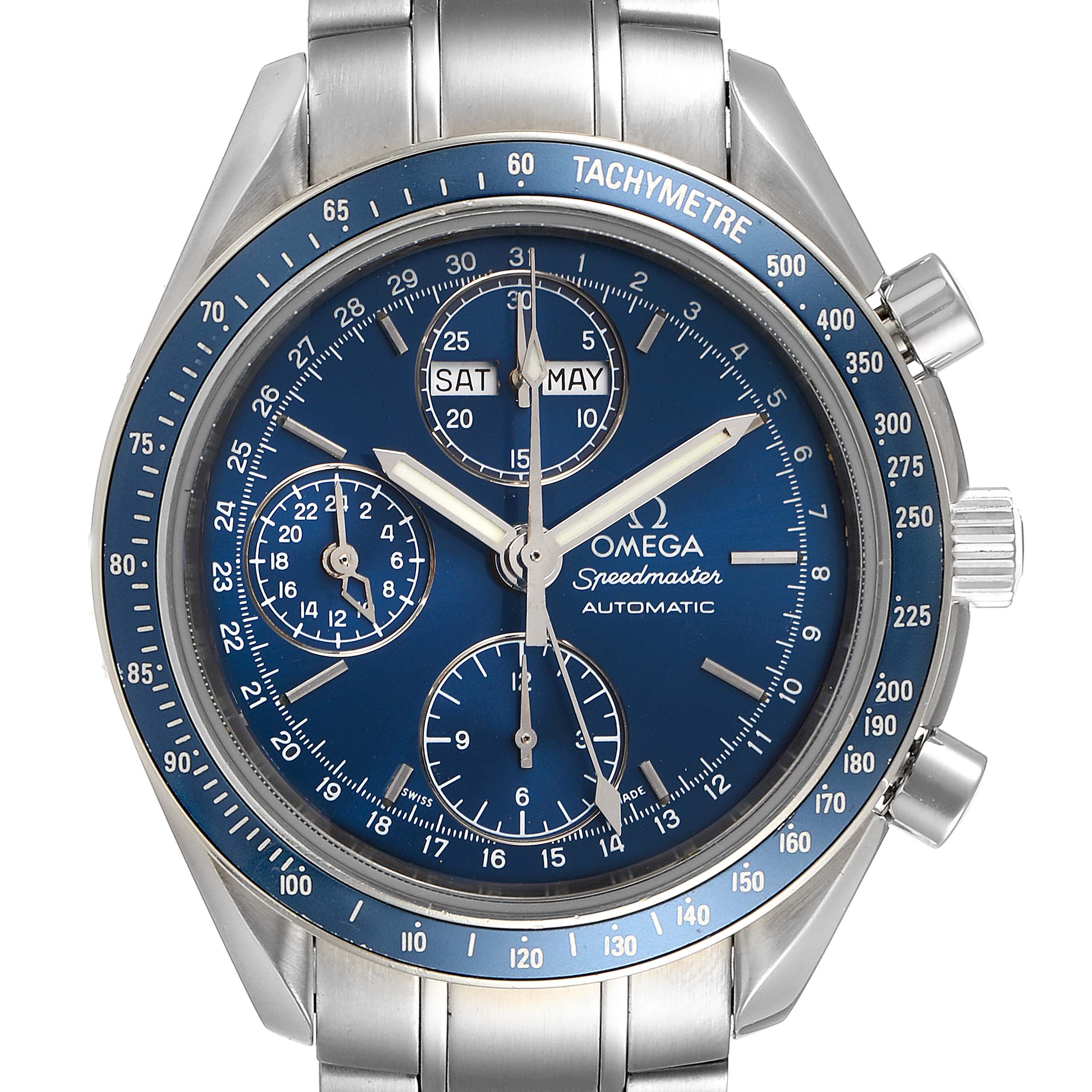 The image shows a front-facing view of the Omega Speedmaster 3222.80.00 Men
s Stainless Steel Blue Dial 3222.80.00 Men
s Stainless Steel Blue Dial watch, showcasing the dial, chronograph subdials, and tachymeter bezel.