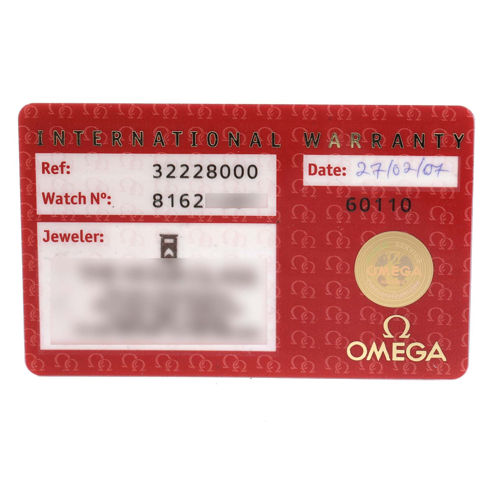 This image shows an Omega Speedmaster 3222.80.00 Men
s Stainless Steel Blue Dial 3222.80.00 Men
s Stainless Steel Blue Dial International Warranty card detailing reference number, watch number, jeweler, and date.