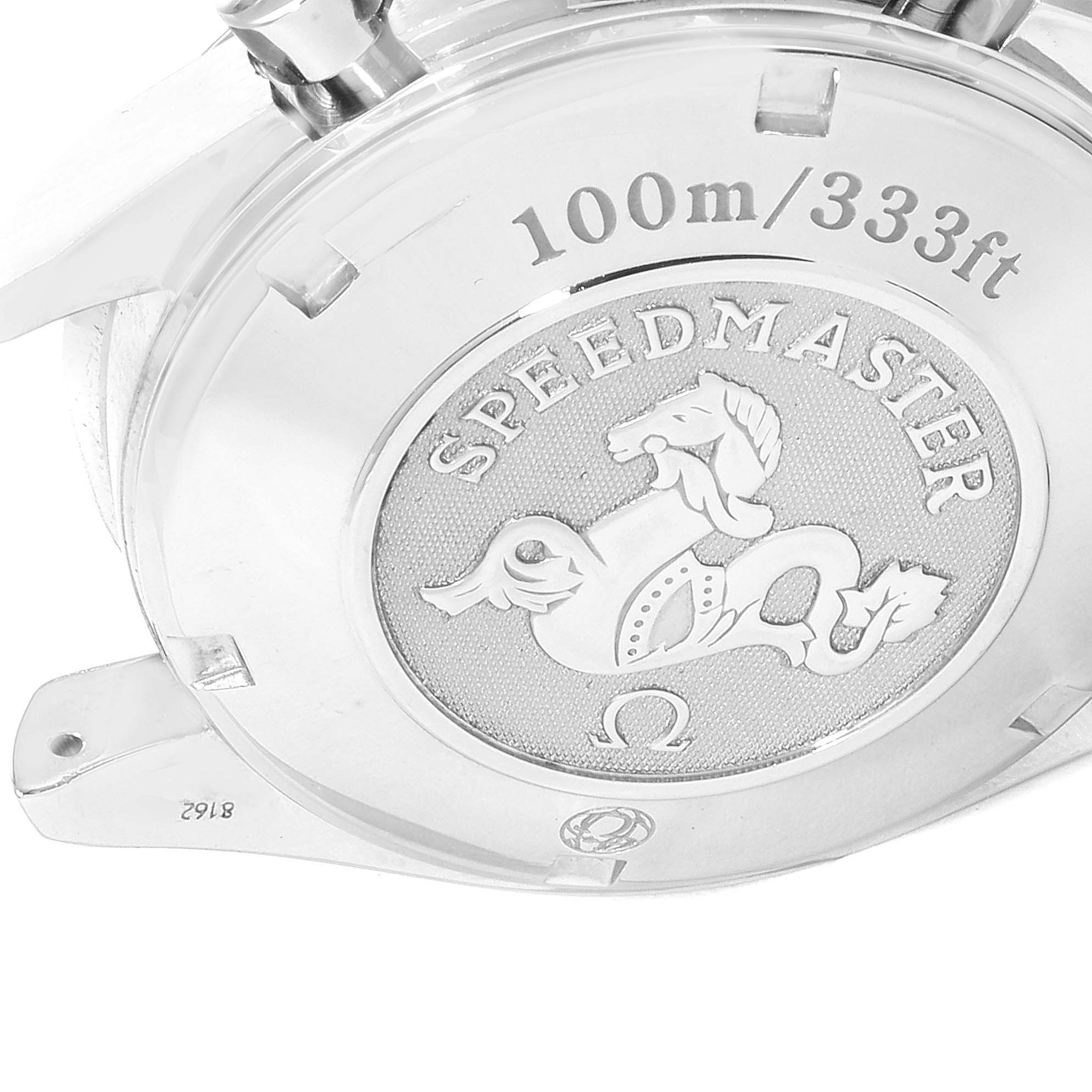 The image shows the back case of an Omega Speedmaster 3222.80.00 Men
s Stainless Steel Blue Dial 3222.80.00 Men
s Stainless Steel Blue Dial watch, highlighting the brand logo and water resistance details.