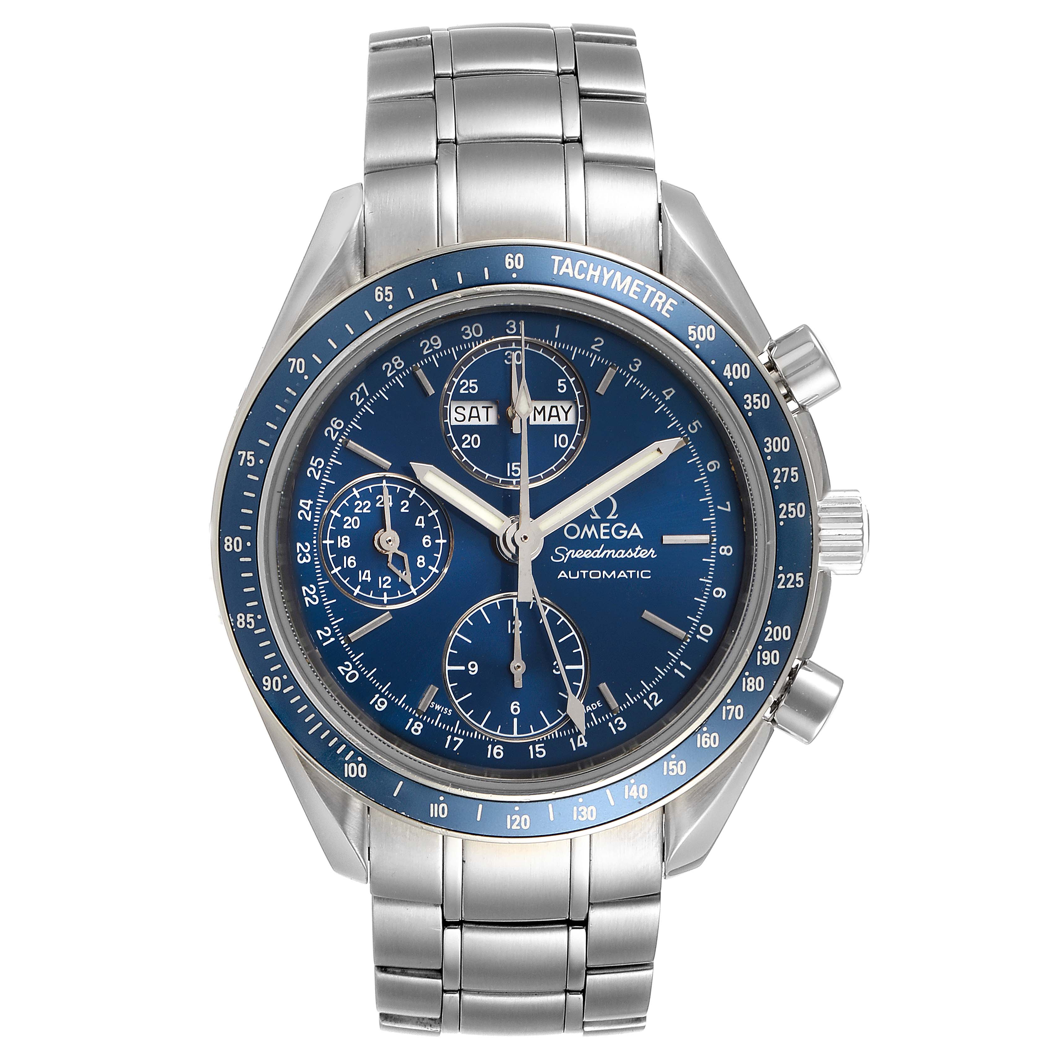 The Omega Speedmaster 3222.80.00 Men
s Stainless Steel Blue Dial 3222.80.00 Men
s Stainless Steel Blue Dial watch is shown from a front angle, highlighting its stainless steel band, blue dial, and tachymeter bezel.