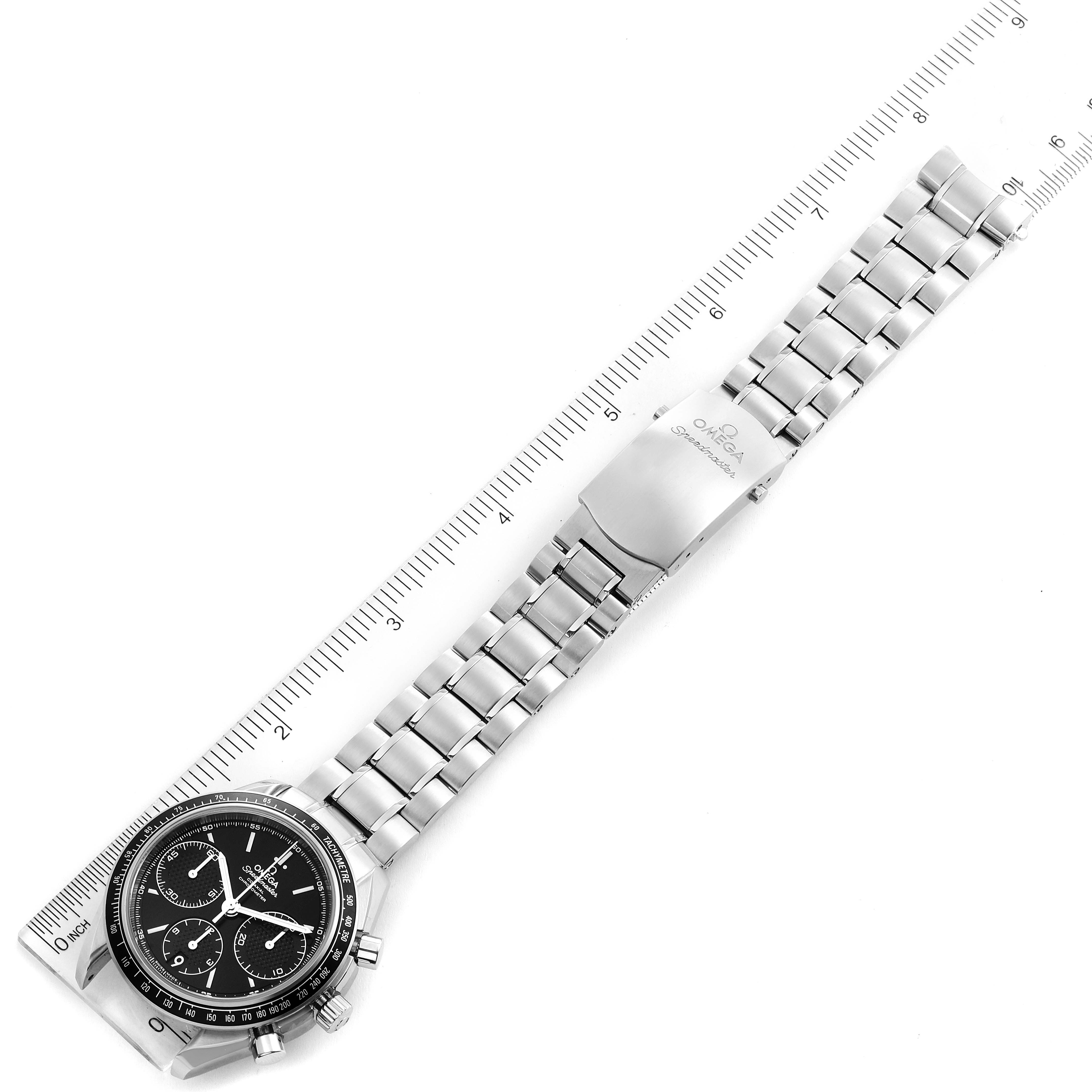 The Omega Speedmaster 326.30.40.50.01.001 Men
s Stainless Steel Black Dial 326.30.40.50.01.001 Men
s Stainless Steel Black Dial watch is shown from a top-down angle with its face and full metal bracelet visible.