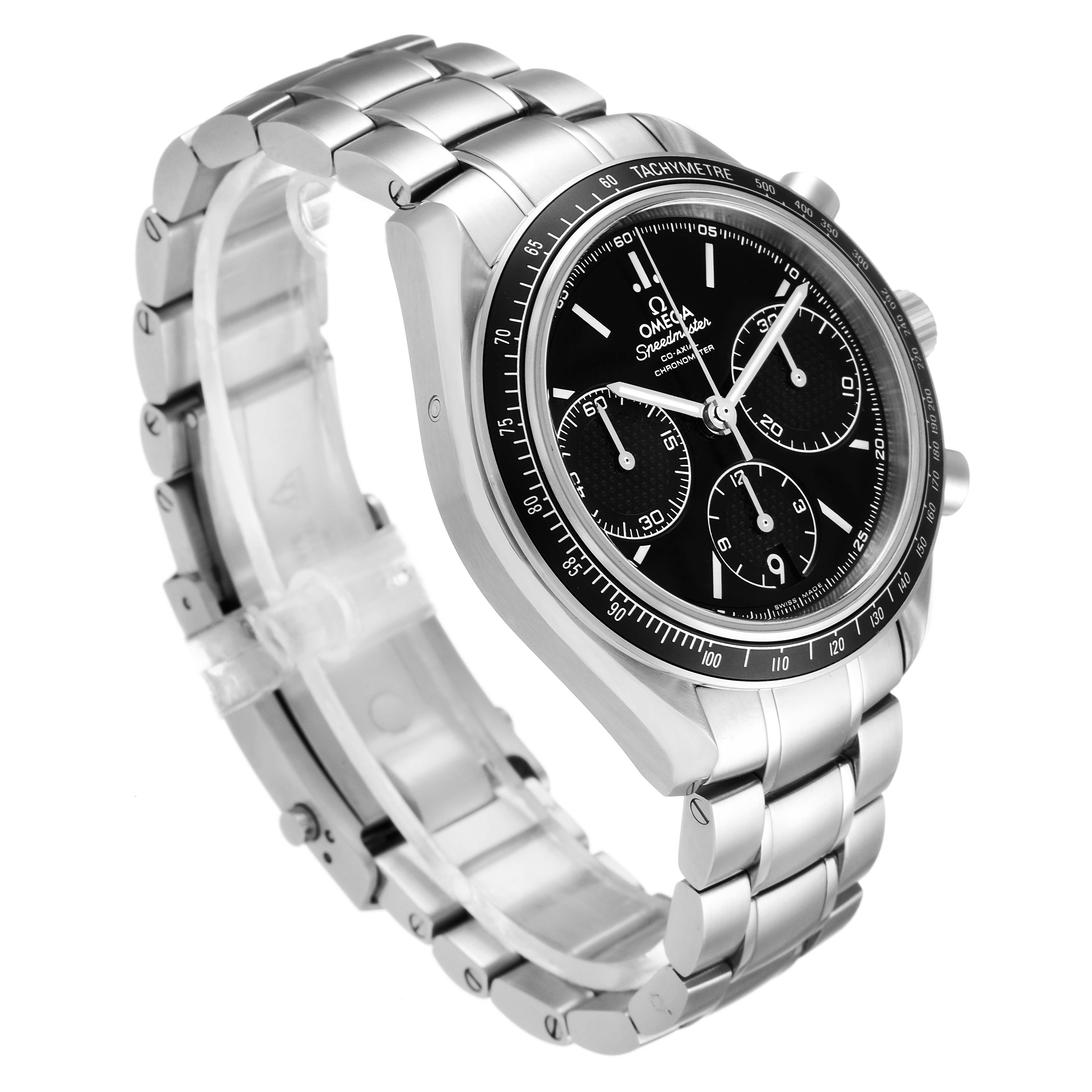 The image shows an Omega Speedmaster 326.30.40.50.01.001 Men
s Stainless Steel Black Dial 326.30.40.50.01.001 Men
s Stainless Steel Black Dial watch at a three-quarter angle, highlighting the bracelet, case, and dial.