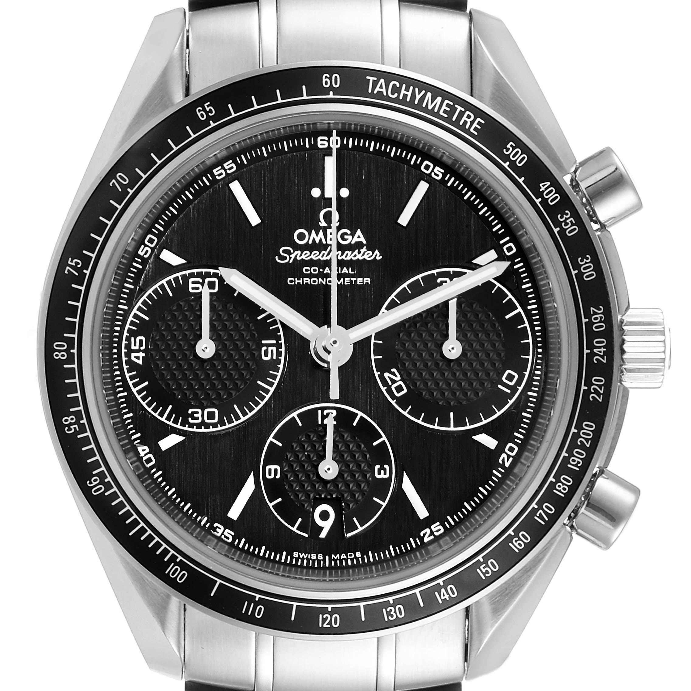 The image shows a front view of the Omega Speedmaster 326.30.40.50.01.001 Men
s Stainless Steel Black Dial 326.30.40.50.01.001 Men
s Stainless Steel Black Dial watch, highlighting its dial, chronograph sub-dials, bezel, and pushers.