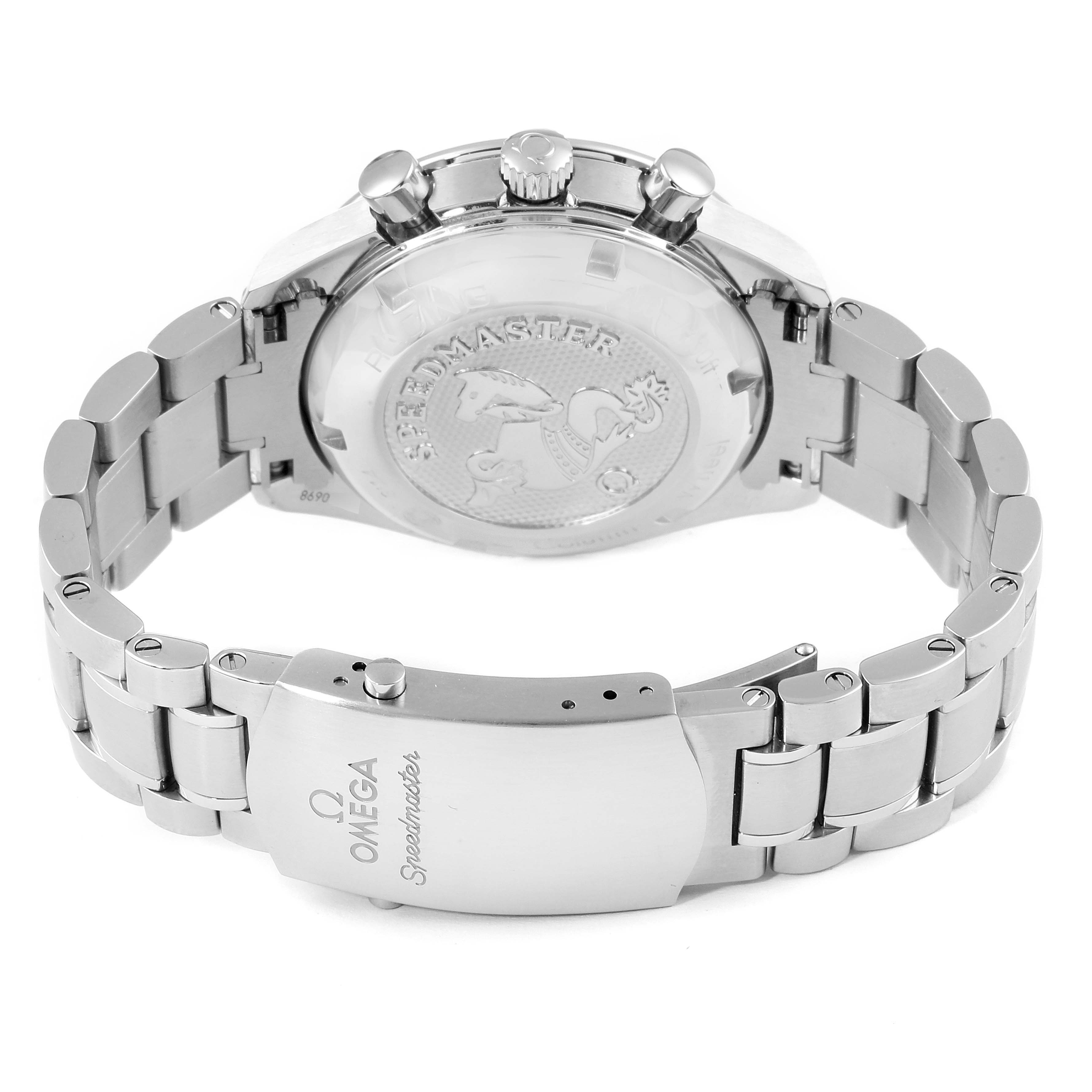 This image shows the back case and clasp of an Omega Speedmaster 326.30.40.50.01.001 Men
s Stainless Steel Black Dial 326.30.40.50.01.001 Men
s Stainless Steel Black Dial watch at a rear angle.