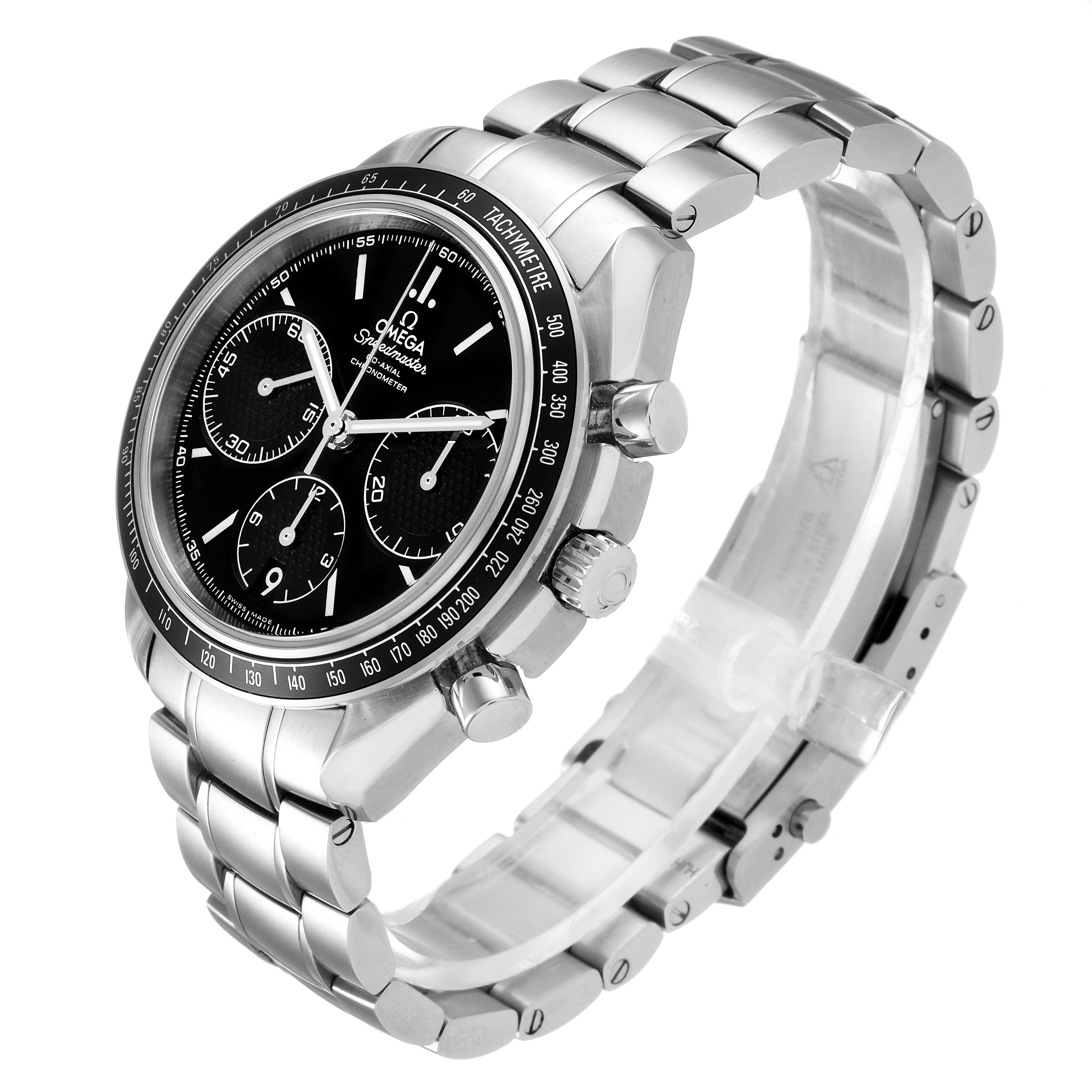 The image shows an Omega Speedmaster 326.30.40.50.01.001 Men
s Stainless Steel Black Dial 326.30.40.50.01.001 Men
s Stainless Steel Black Dial watch angled to display its black dial, chronograph, tachymeter bezel, and stainless steel bracelet.