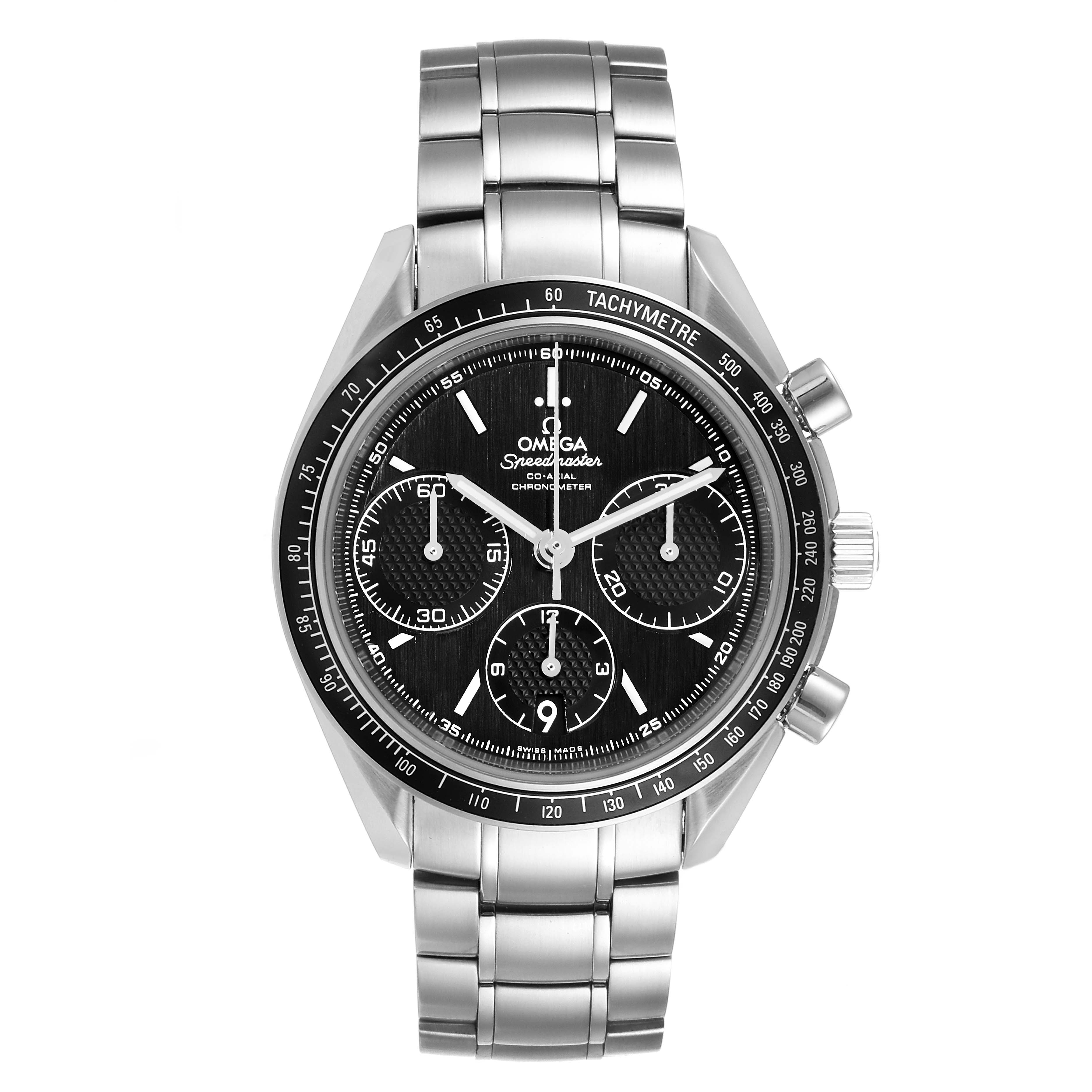 The image shows the front view of an Omega Speedmaster 326.30.40.50.01.001 Men
s Stainless Steel Black Dial 326.30.40.50.01.001 Men
s Stainless Steel Black Dial watch, featuring its dial, bezel, and metal bracelet.