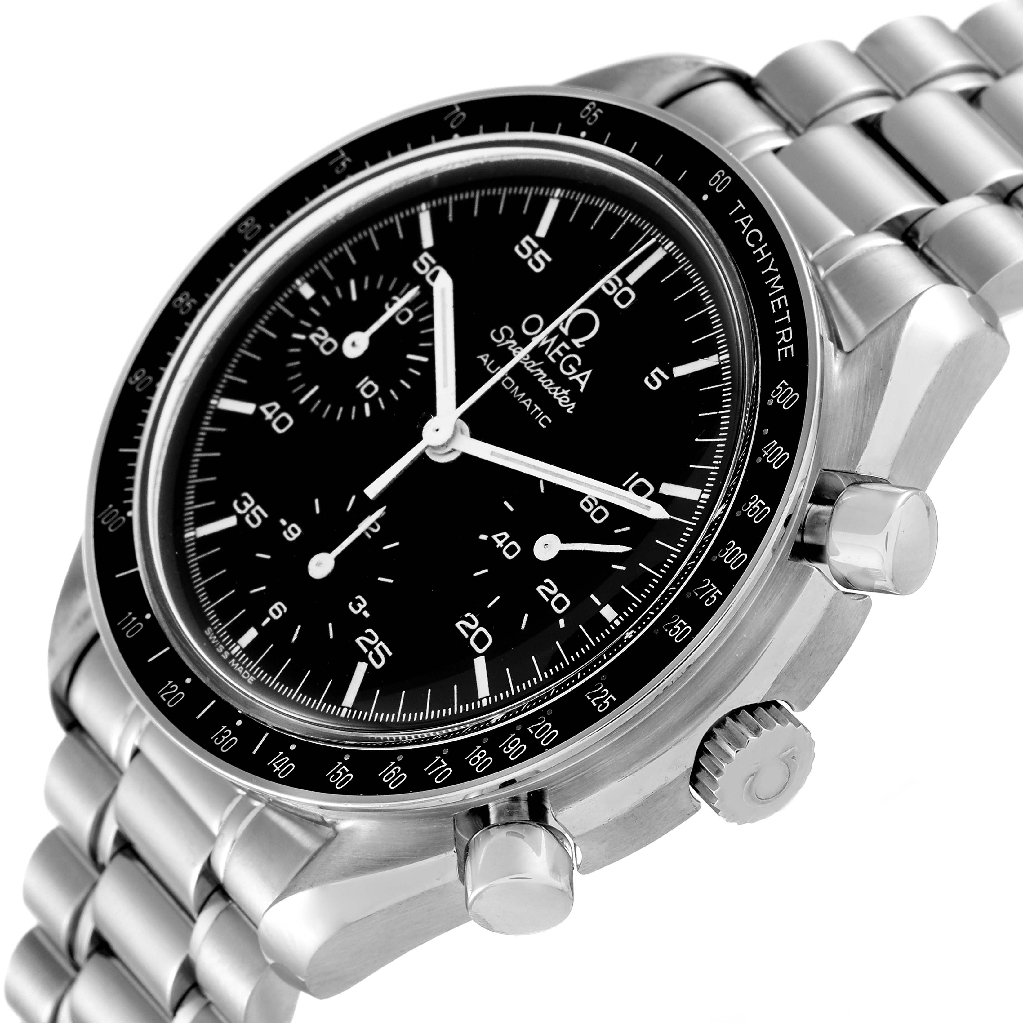 This image shows an Omega Speedmaster 3510.50.00 Men's Stainless Steel Black Dial 3510.50.00 Men's Stainless Steel Black Dial watch at an angled close-up, highlighting its dial, bezel, and stainless steel bracelet.