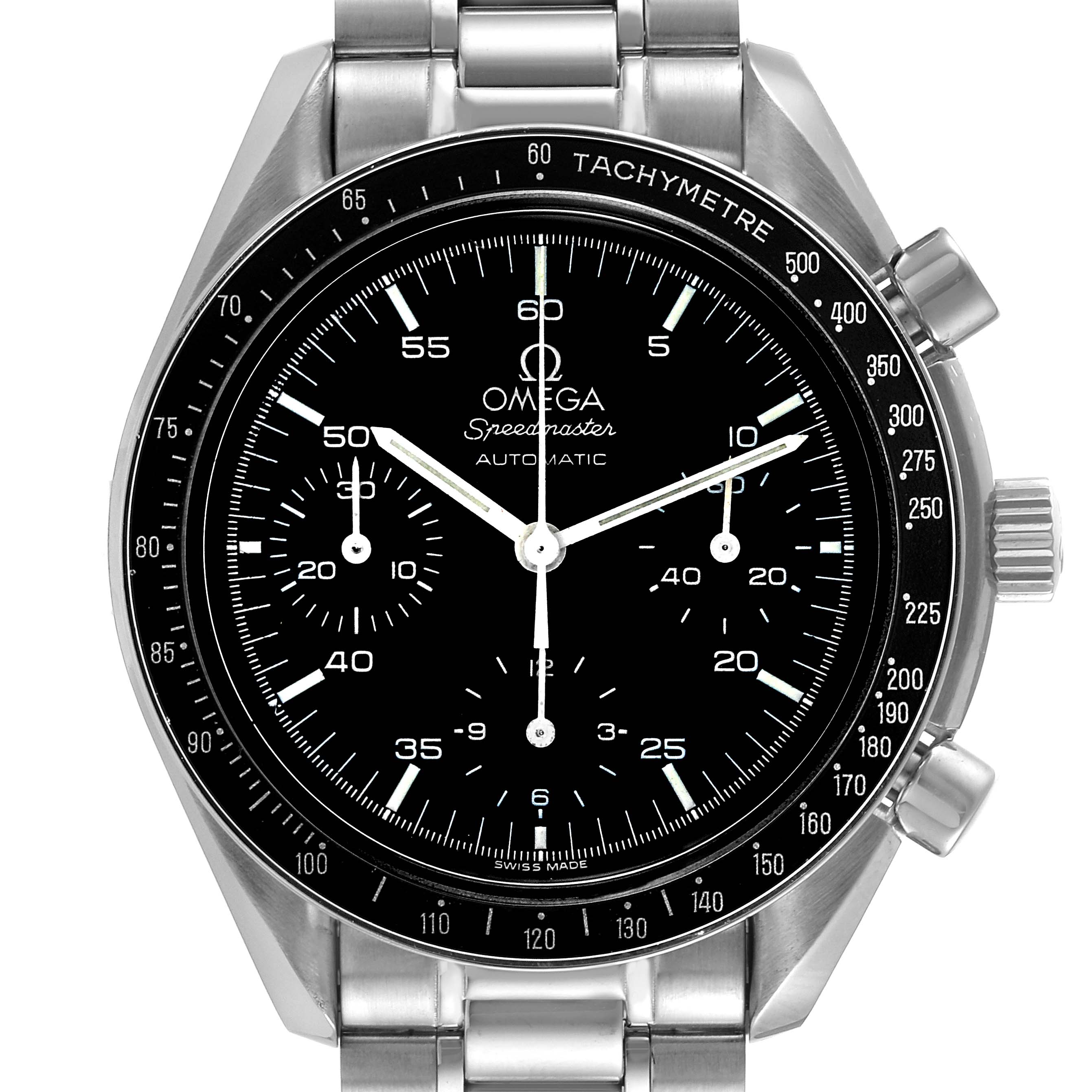 This image showcases the front face, bezel, and stainless steel bracelet of the Omega Speedmaster 3510.50.00 Men's Stainless Steel Black Dial 3510.50.00 Men's Stainless Steel Black Dial watch.