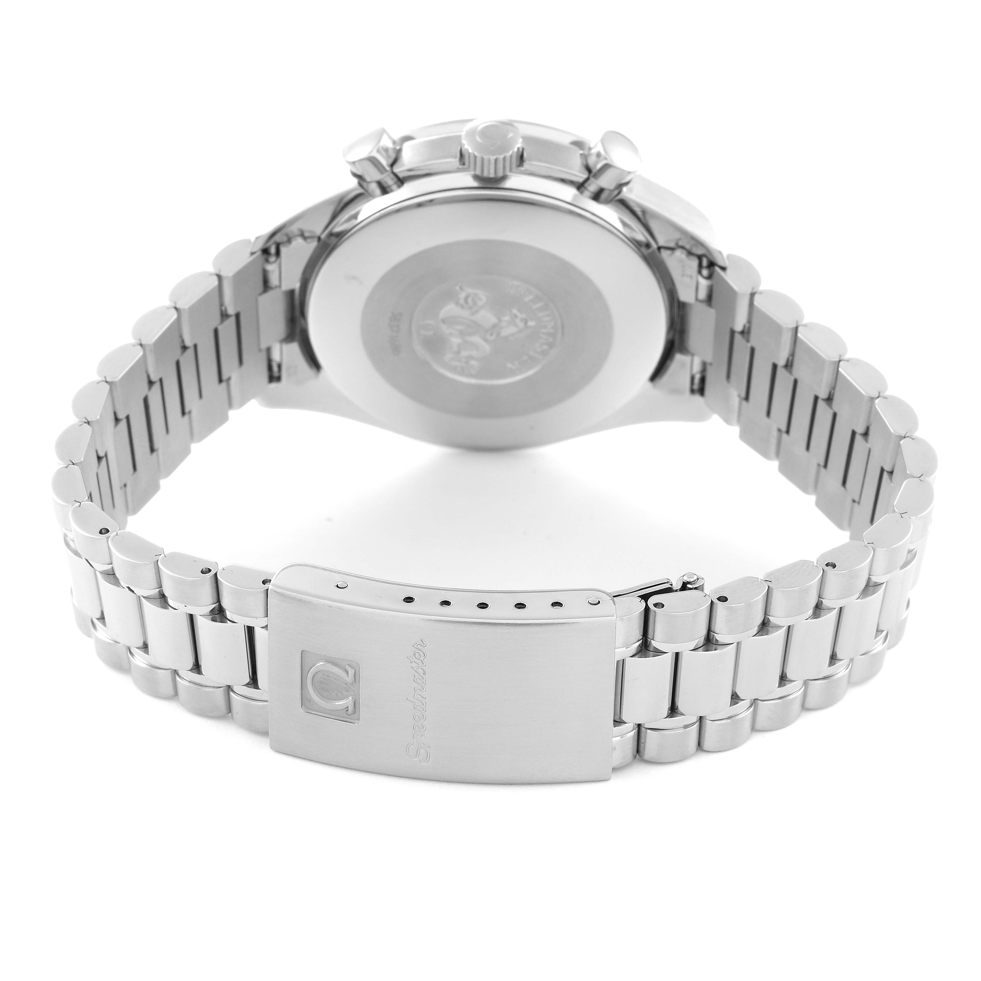 The image shows the back and clasp of an Omega Speedmaster 3510.50.00 Men's Stainless Steel Black Dial 3510.50.00 Men's Stainless Steel Black Dial watch, highlighting the case back and metal bracelet.