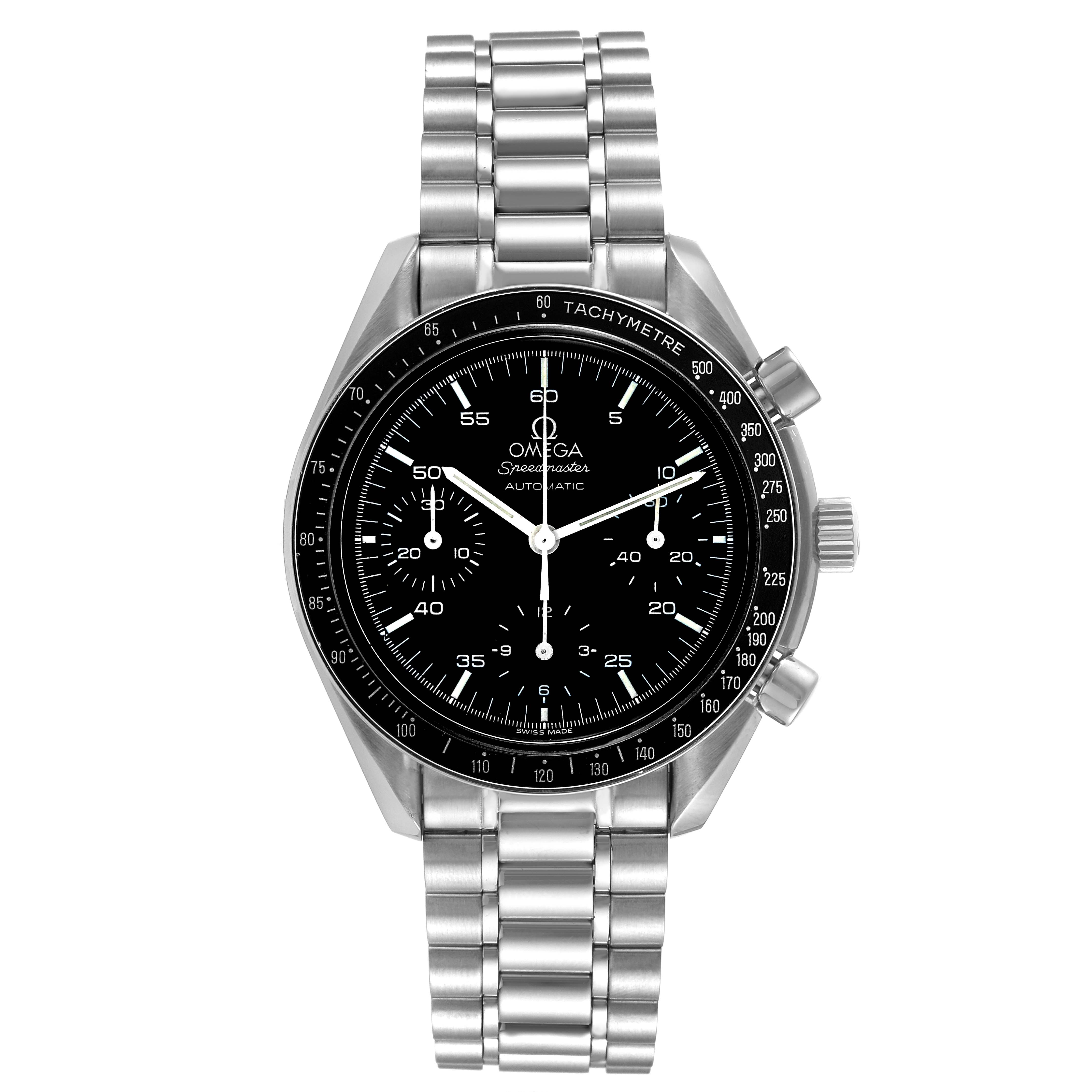 The image shows a front view of an Omega Speedmaster 3510.50.00 Men's Stainless Steel Black Dial 3510.50.00 Men's Stainless Steel Black Dial watch, highlighting its stainless steel bracelet and black dial with subdials.