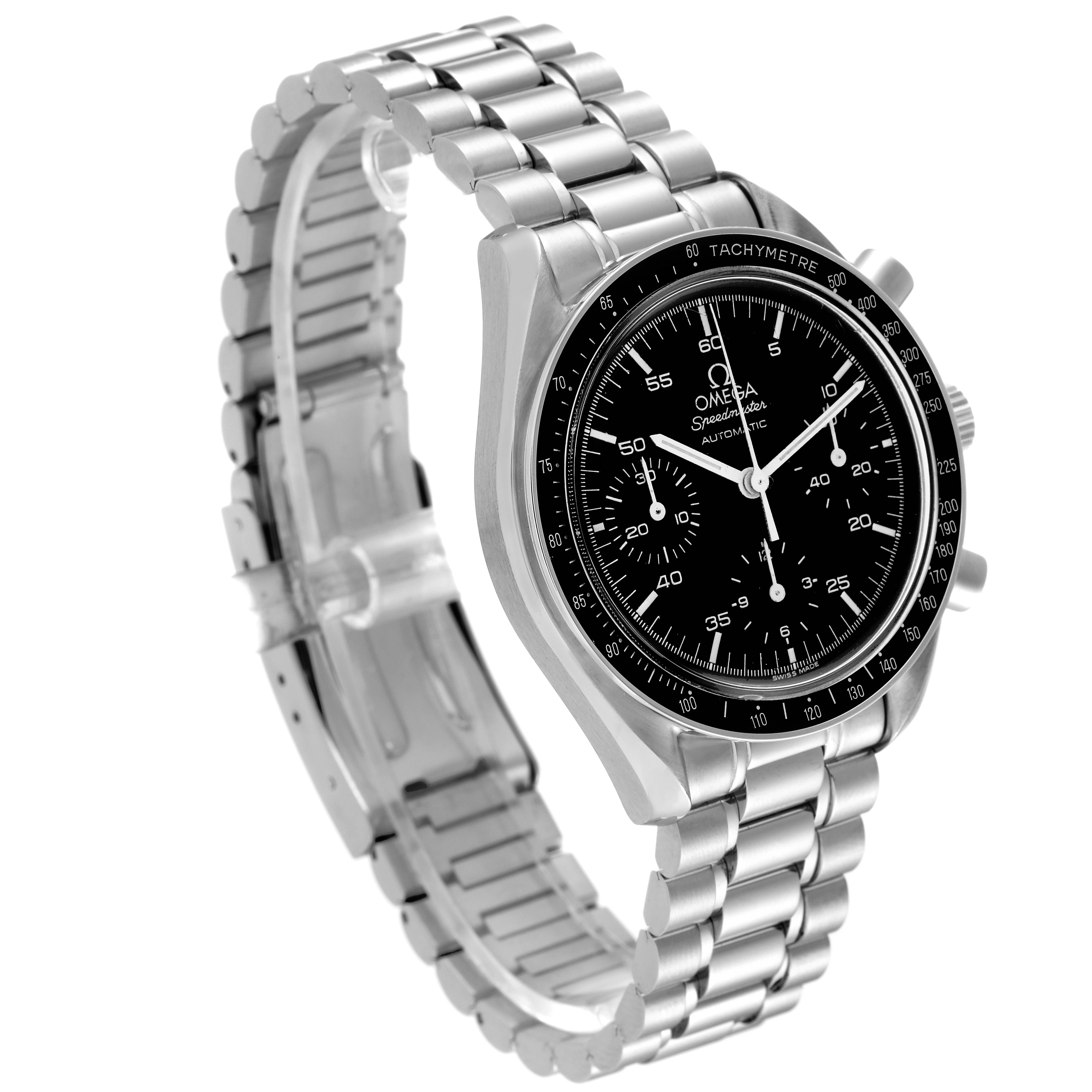 This image shows an angled view of the Omega Speedmaster 3510.50.00 Men's Stainless Steel Black Dial 3510.50.00 Men's Stainless Steel Black Dial watch, highlighting the face, bezel, and metal bracelet.