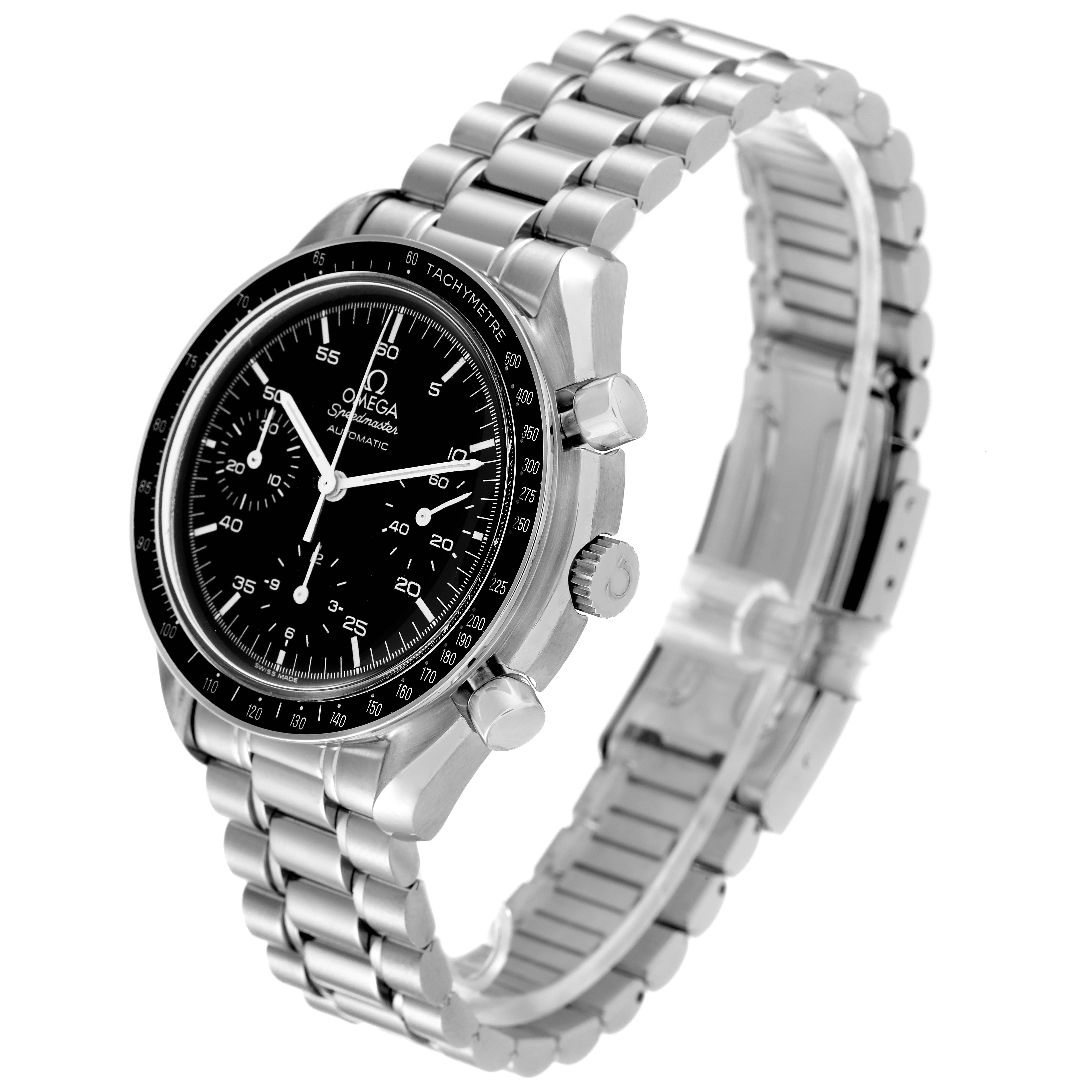 The Omega Speedmaster 3510.50.00 Men's Stainless Steel Black Dial 3510.50.00 Men's Stainless Steel Black Dial watch is shown at a slight angle, highlighting its face, bezel, crown, pushers, and stainless steel bracelet.