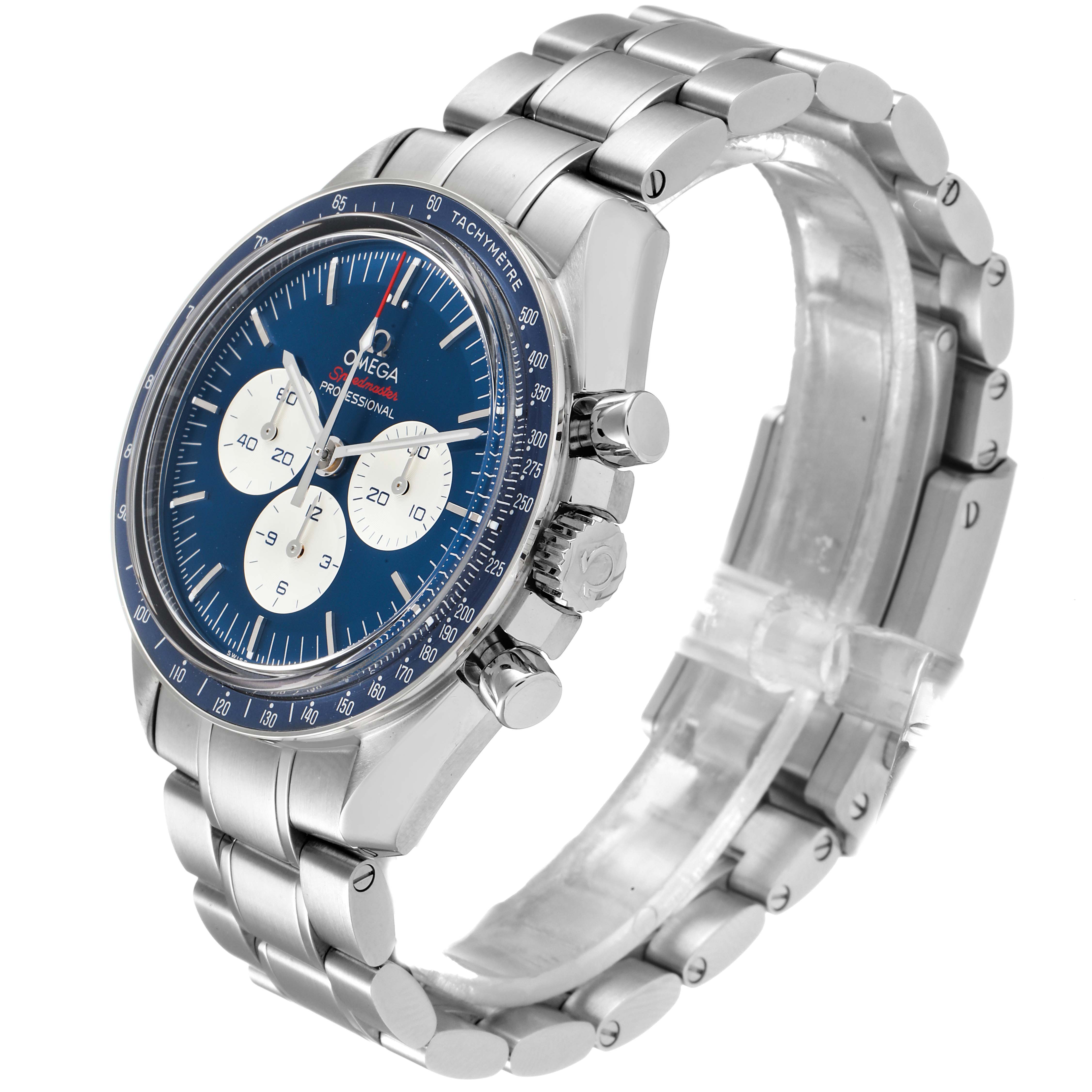 The image shows an Omega Speedmaster 522.30.42.30.03.001 Men's Stainless Steel Blue Dial 522.30.42.30.03.001 Men's Stainless Steel Blue Dial watch at a three-quarter angle, highlighting the case, dial, bracelet, and side buttons.