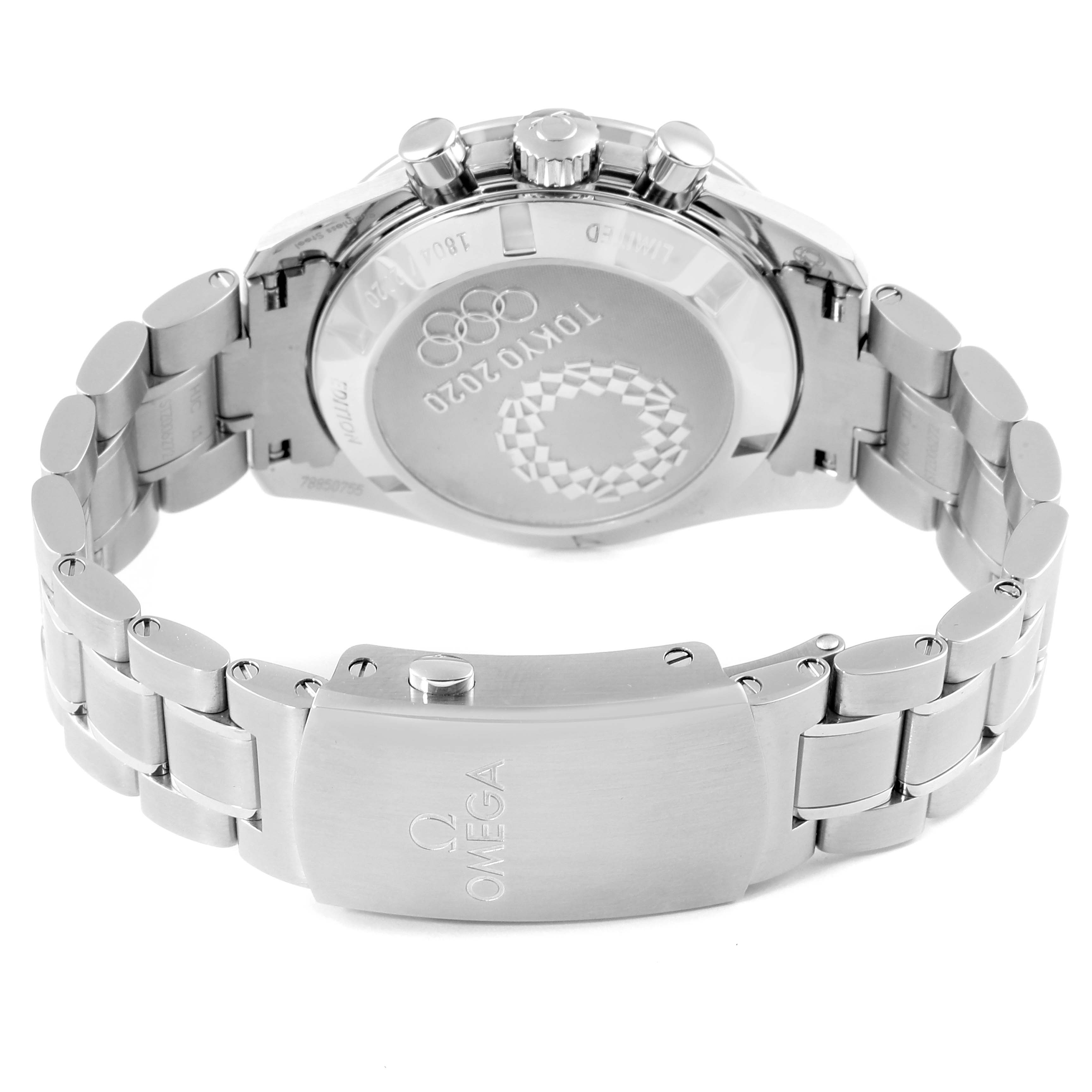 The image shows the back case and clasp of an Omega Speedmaster 522.30.42.30.03.001 Men's Stainless Steel Blue Dial 522.30.42.30.03.001 Men's Stainless Steel Blue Dial watch, highlighting the stainless steel bracelet.