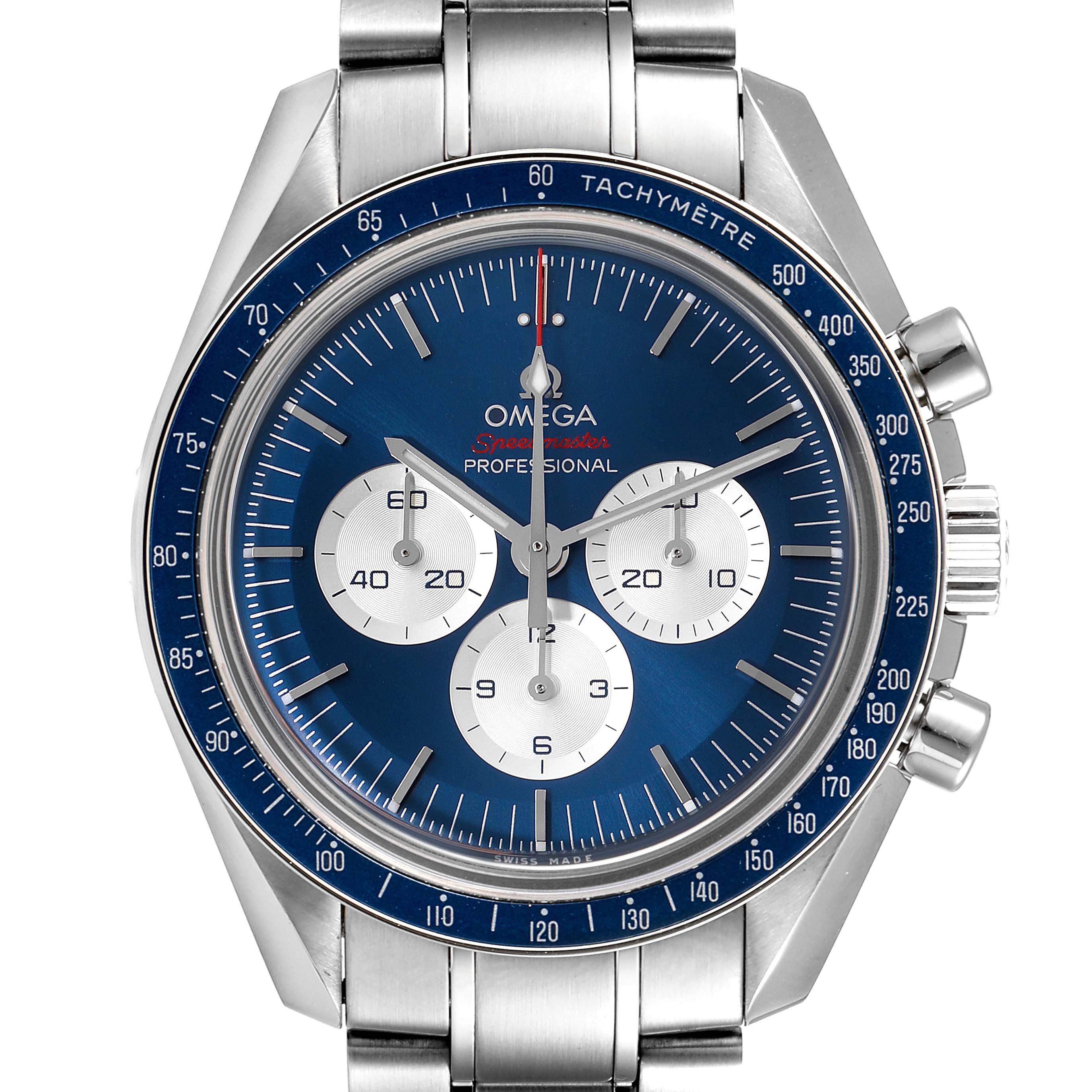 The image shows a front view of the Omega Speedmaster 522.30.42.30.03.001 Men's Stainless Steel Blue Dial 522.30.42.30.03.001 Men's Stainless Steel Blue Dial watch, highlighting its face, bezel, tachymeter, and three subdials.