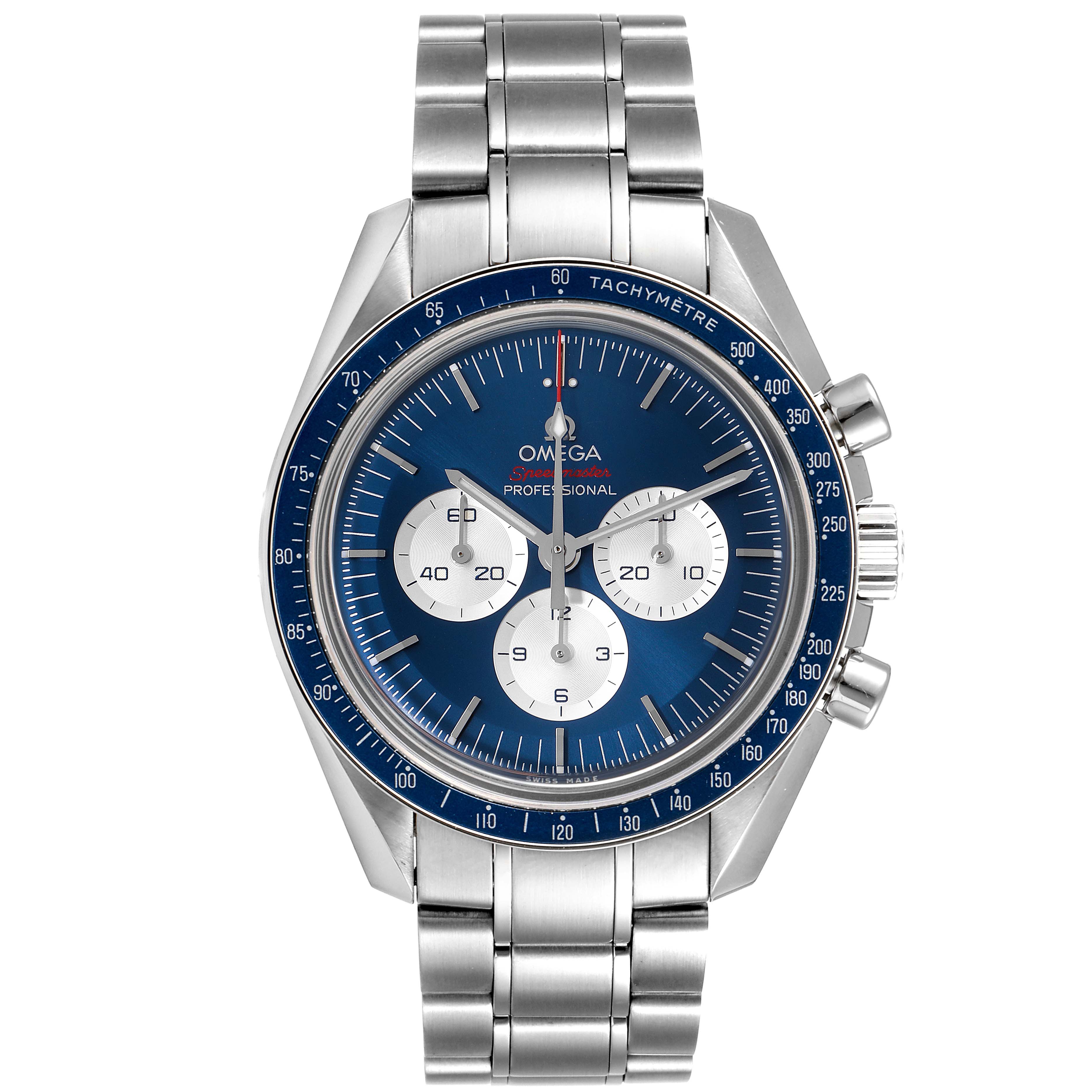 This image shows a front view of an Omega Speedmaster 522.30.42.30.03.001 Men's Stainless Steel Blue Dial 522.30.42.30.03.001 Men's Stainless Steel Blue Dial watch with a blue dial and silver bracelet.