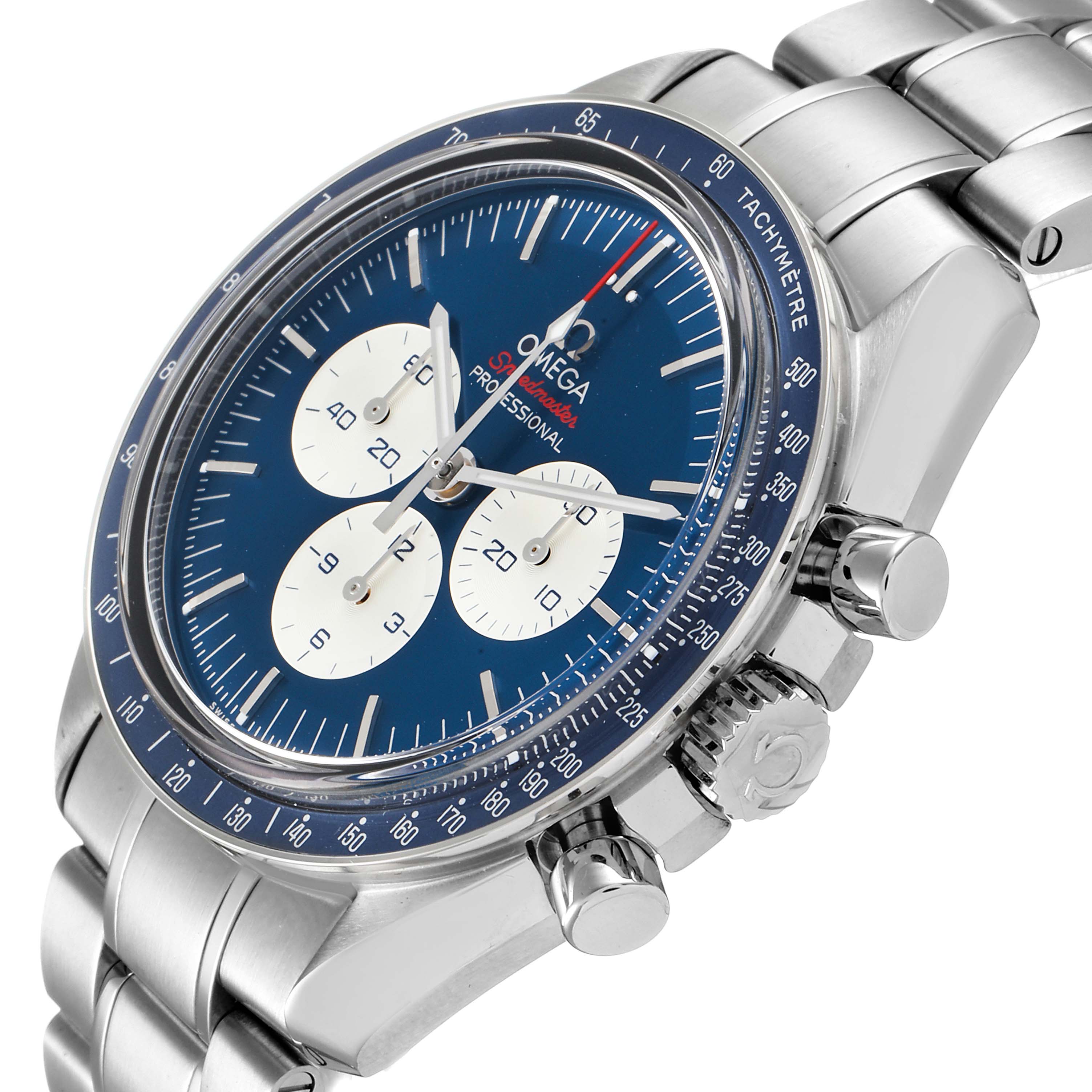 This image shows a detailed side-angle view of the Omega Speedmaster 522.30.42.30.03.001 Men's Stainless Steel Blue Dial 522.30.42.30.03.001 Men's Stainless Steel Blue Dial watch, highlighting its blue dial, chronograph subdials, pushers, and bracelet.