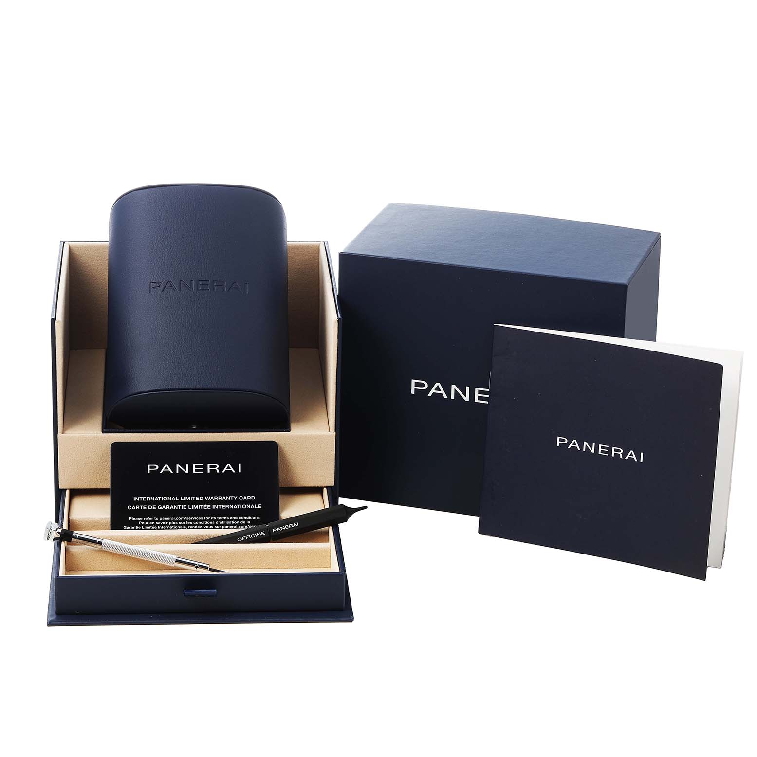 The image shows a Panerai Luminor PAM01218 Men's Stainless Steel Yellow Dial watch box set with tools, booklets, and a warranty card.