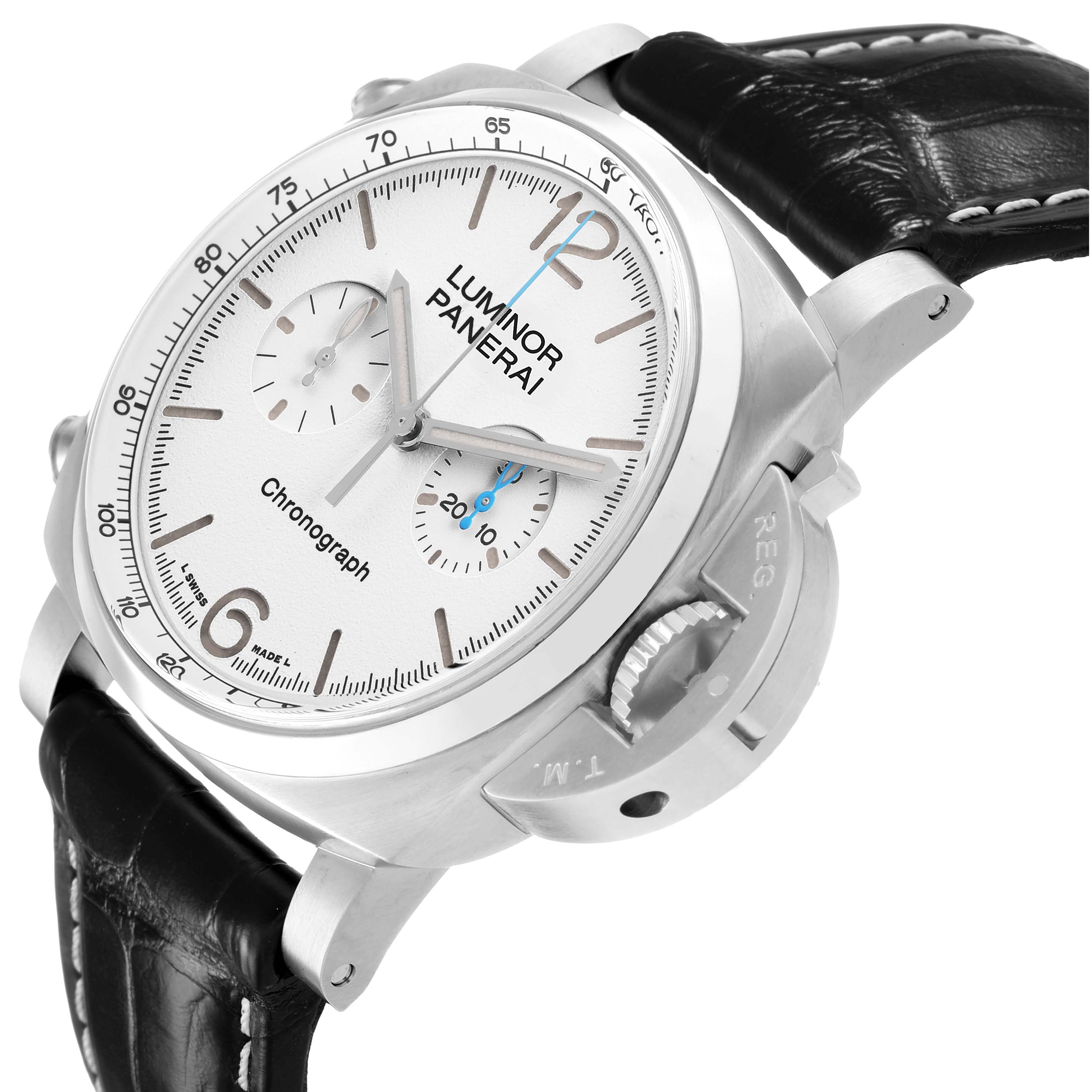 The Panerai Luminor PAM01218 Men's Stainless Steel Yellow Dial model is shown at an angled side view, highlighting the crown guard, dial, case, and leather strap.
