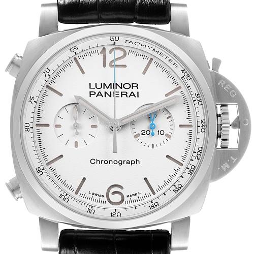 The image shows a frontal view of a Panerai Luminor PAM01218 Men's Stainless Steel Yellow Dial Chronograph watch, displaying the dial, subdials, and tachymeter.