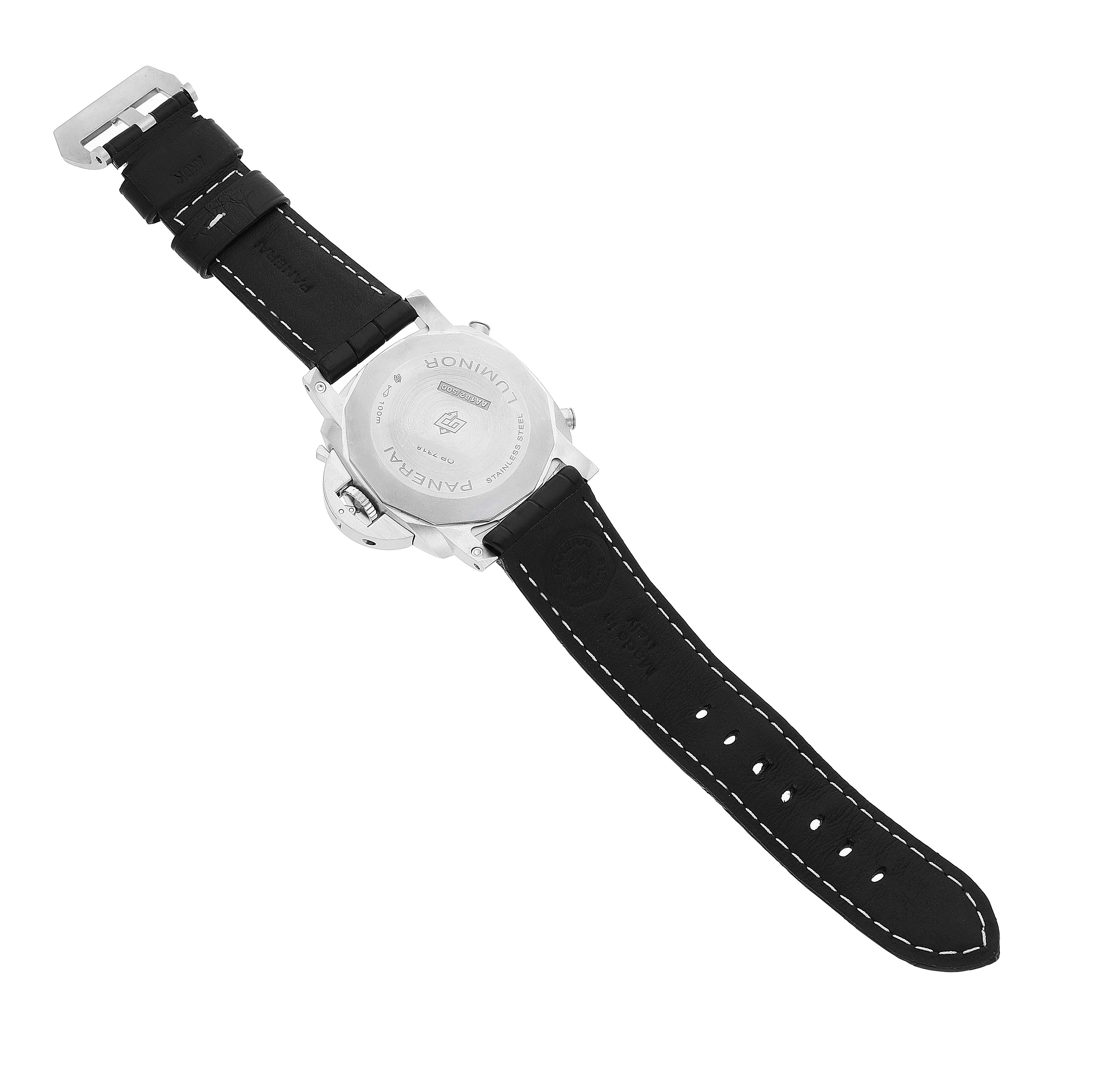 The image shows the back view of a Panerai Luminor PAM01218 Men's Stainless Steel Yellow Dial watch with its strap and case back visible.