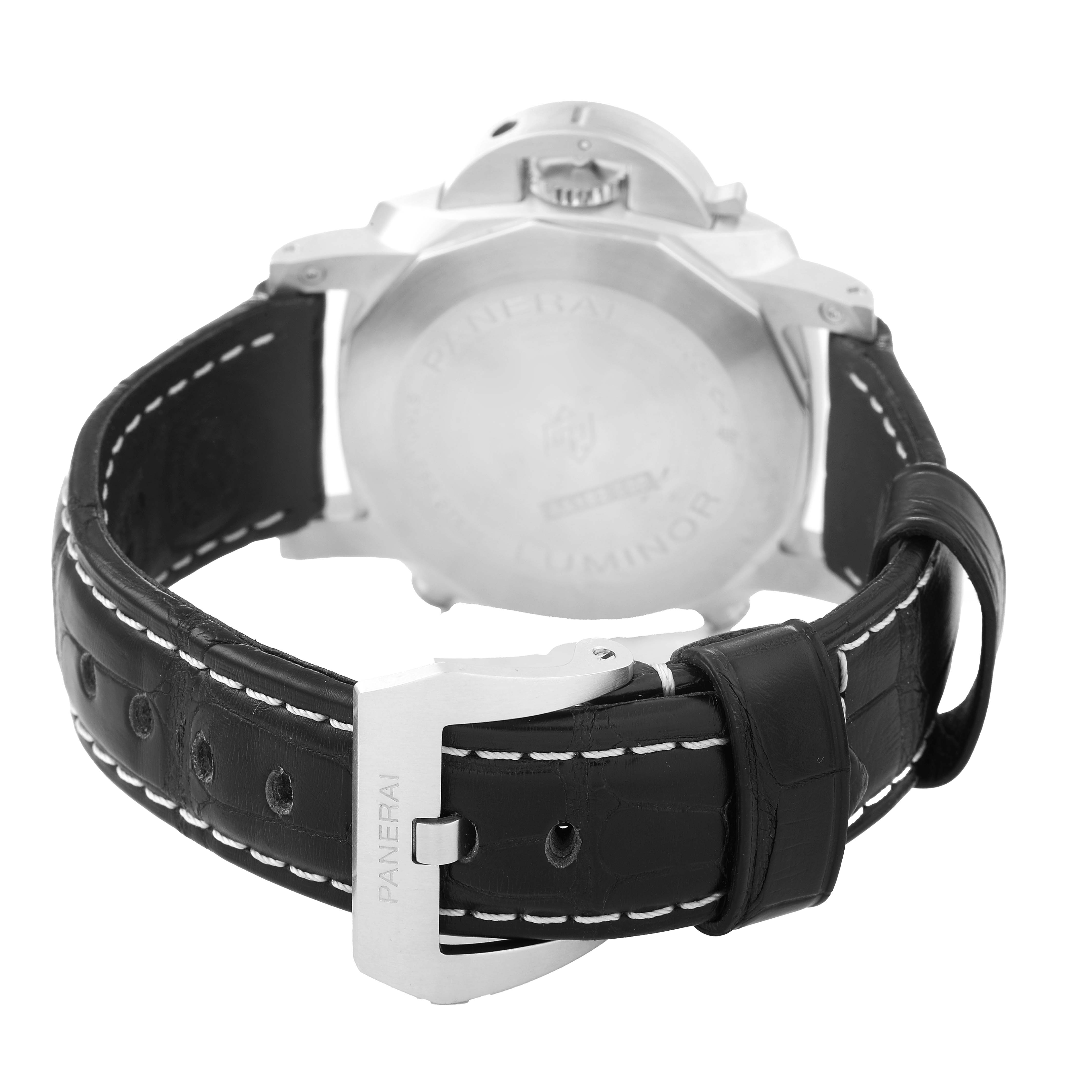 The image shows the back of a Panerai Luminor PAM01218 Men's Stainless Steel Yellow Dial watch, focusing on the strap and buckle.