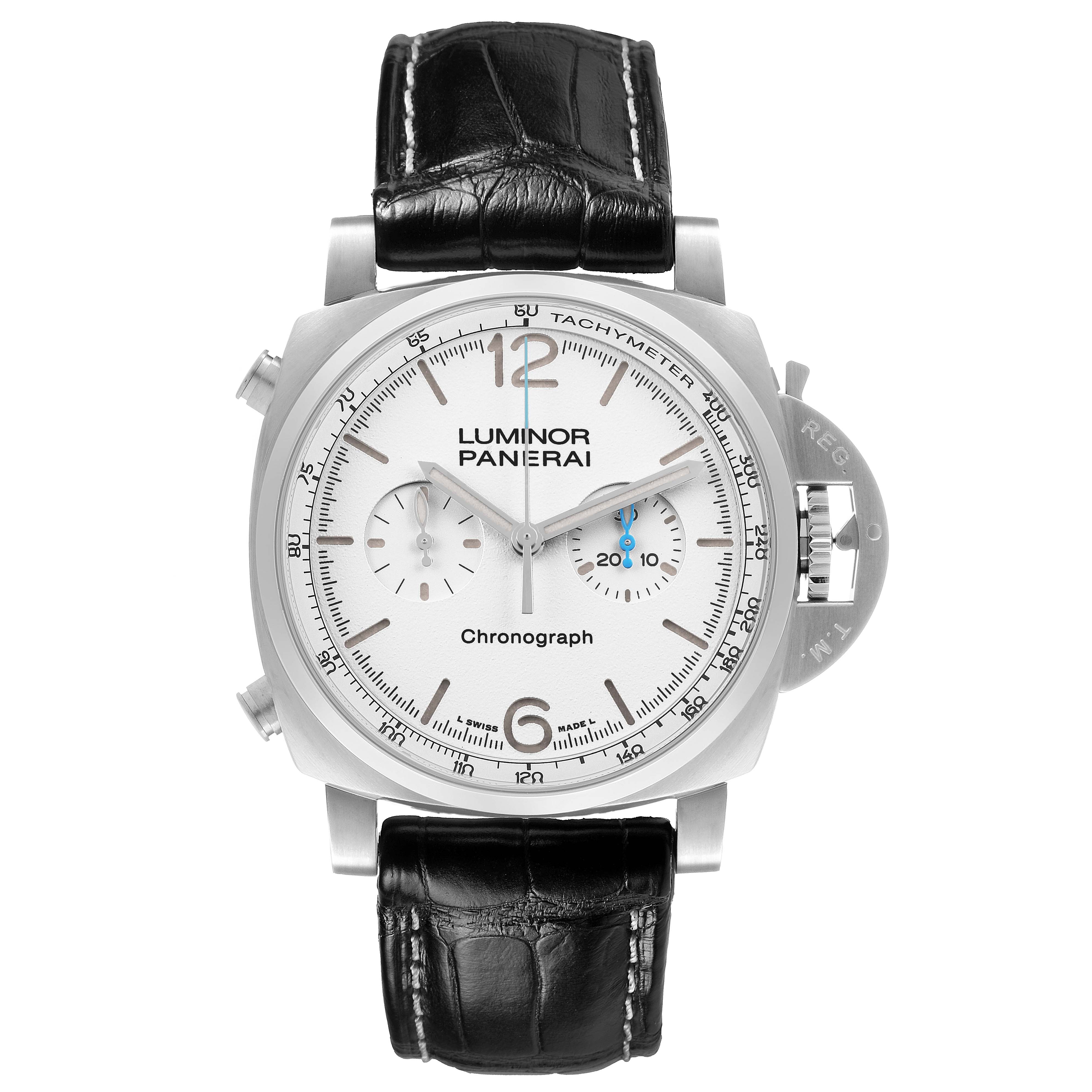The Panerai Luminor PAM01218 Men's Stainless Steel Yellow Dial watch is shown from a front angle, displaying its dial, chronograph subdials, and crown guard.