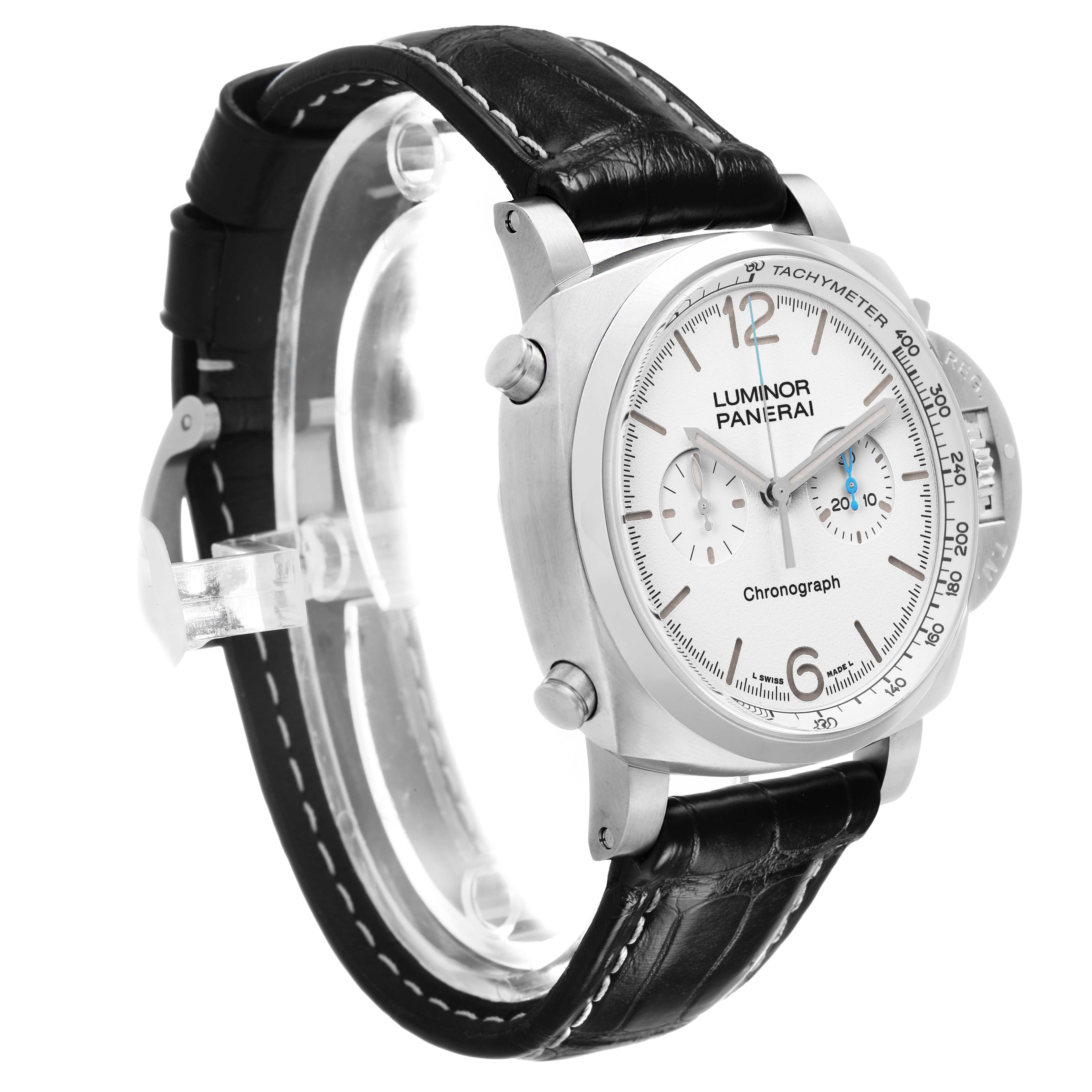 The Panerai Luminor PAM01218 Men's Stainless Steel Yellow Dial watch is shown at an angled side view, highlighting its chronograph dial and leather strap.