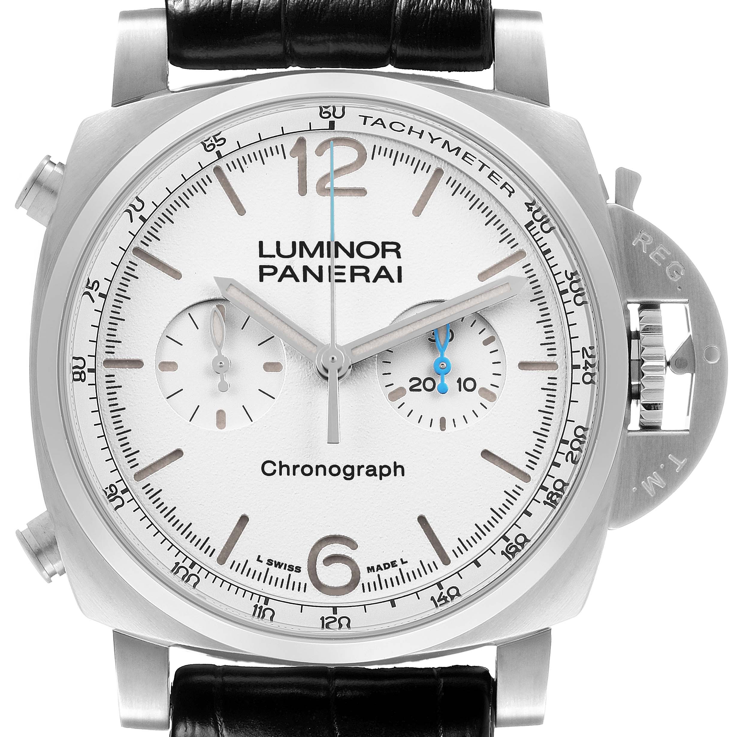 The image shows a frontal view of a Panerai Luminor PAM01218 Men's Stainless Steel Yellow Dial watch, highlighting its dial, subdials, and crown guard.
