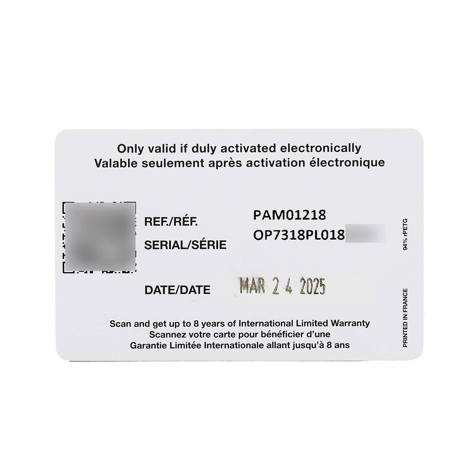 The image shows a warranty card for a Panerai Luminor PAM01218 Men's Stainless Steel Yellow Dial model, featuring reference and serial numbers.