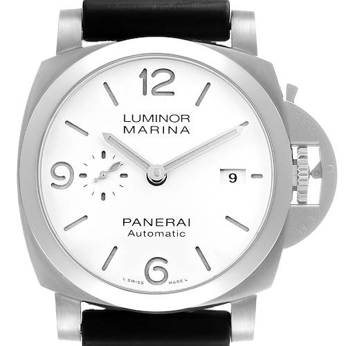 The Panerai Luminor PAM01314 Men's Stainless Steel White Dial watch is shown from a front angle, displaying the dial, case, and crown guard.