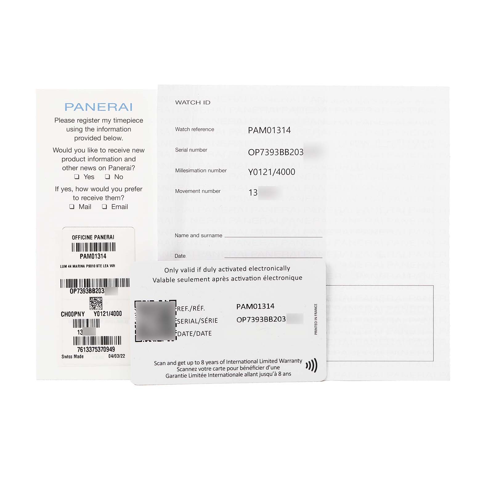 The image shows a top-down view of paperwork and warranty cards for a Panerai Luminor PAM01314 Men's Stainless Steel White Dial model, including watch and serial numbers.