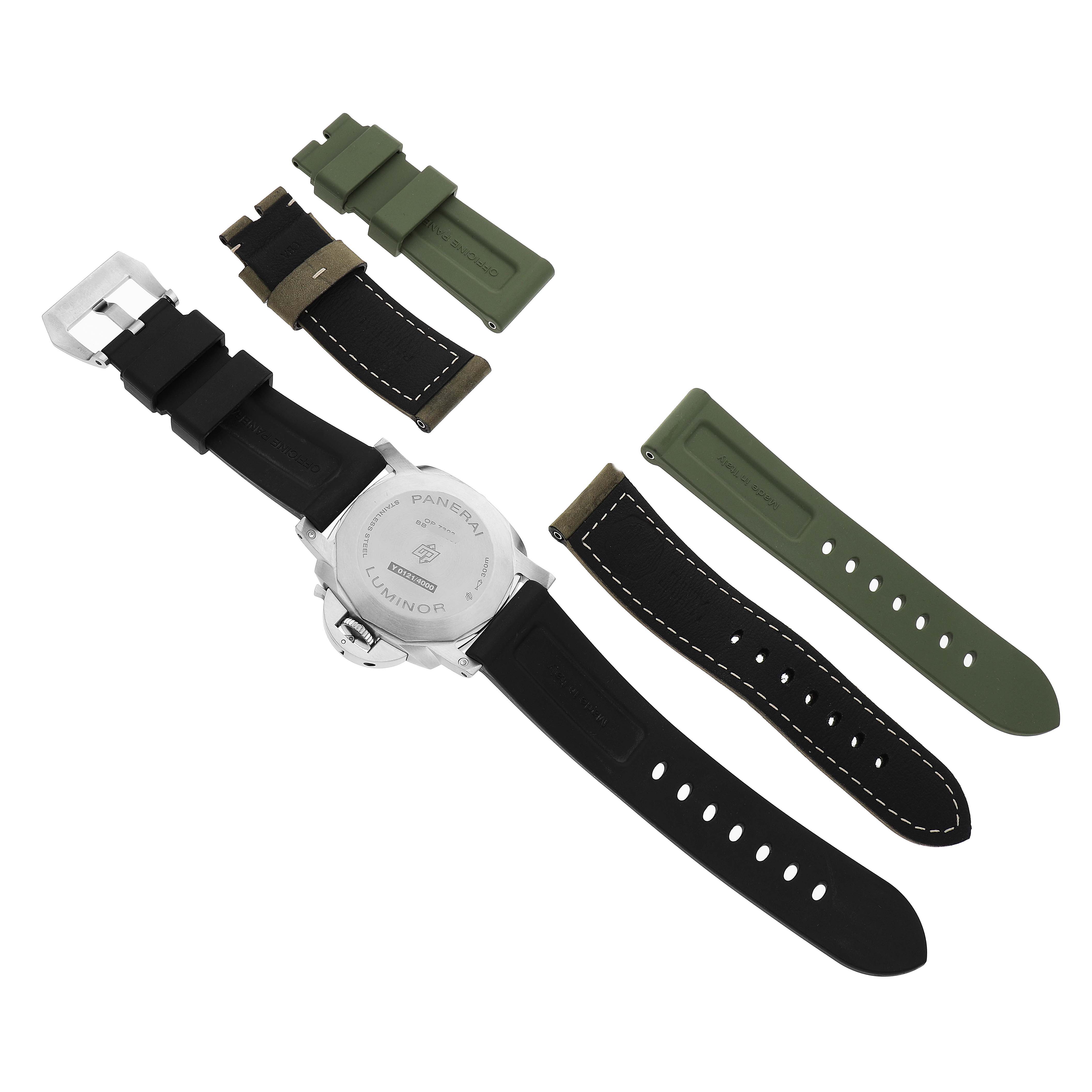 The image shows the back of a Panerai Luminor PAM01314 Men's Stainless Steel White Dial watch with multiple interchangeable straps in black and green.