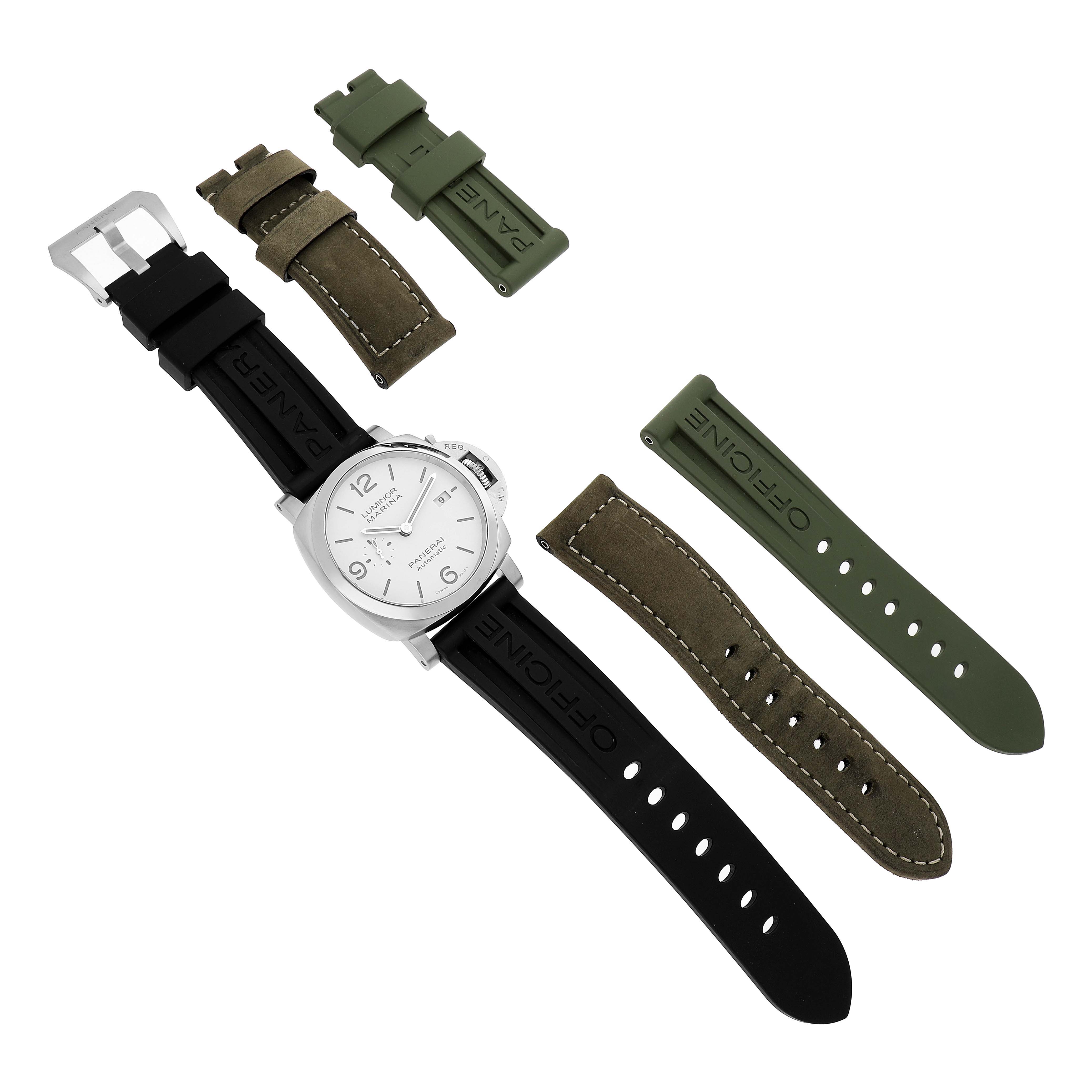The image shows a Panerai Luminor PAM01314 Men's Stainless Steel White Dial watch at a top-down angle with black, green, and brown strap options.