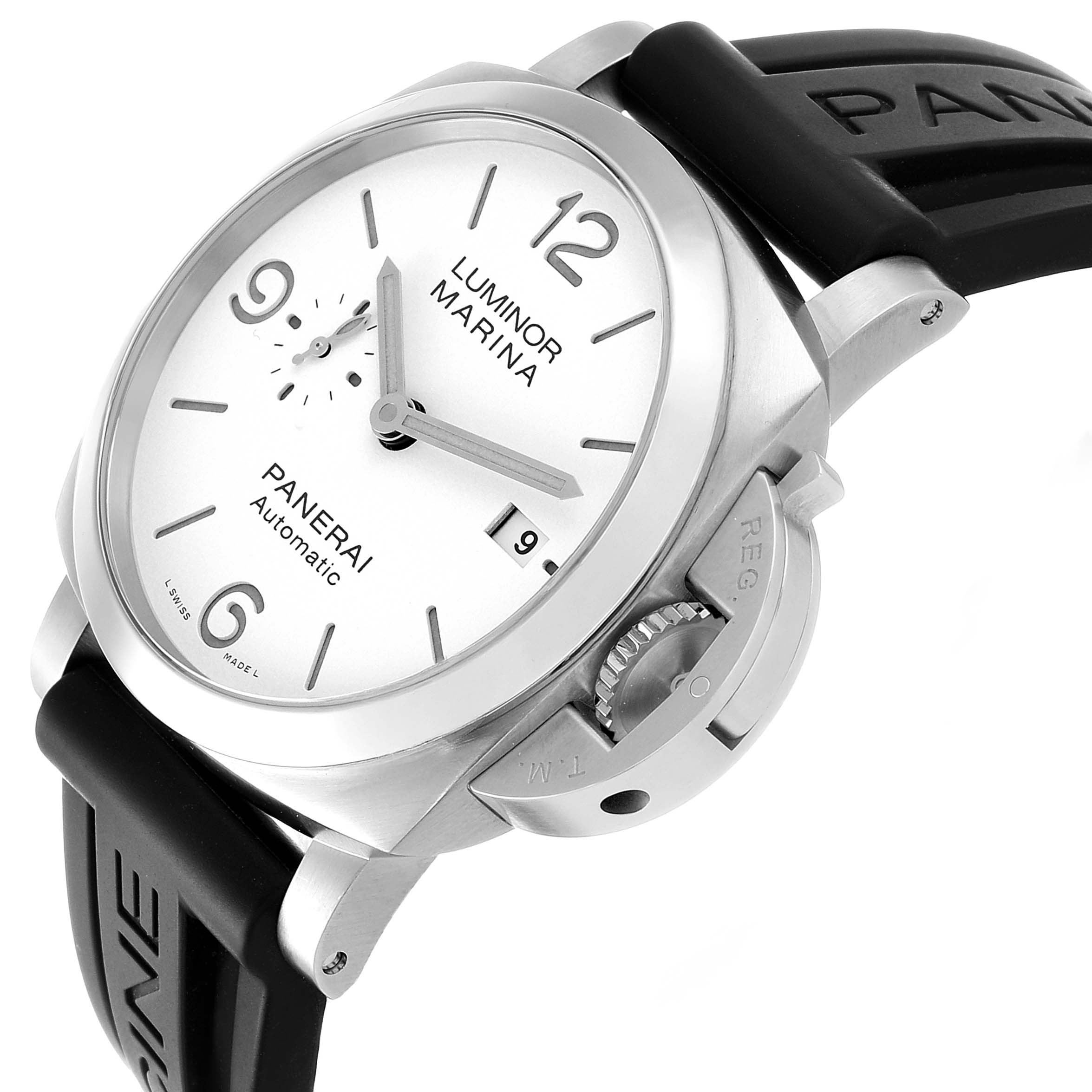 The image shows a Panerai Luminor PAM01314 Men's Stainless Steel White Dial watch angled from the front and right side, highlighting the dial, case, crown guard, and rubber strap.