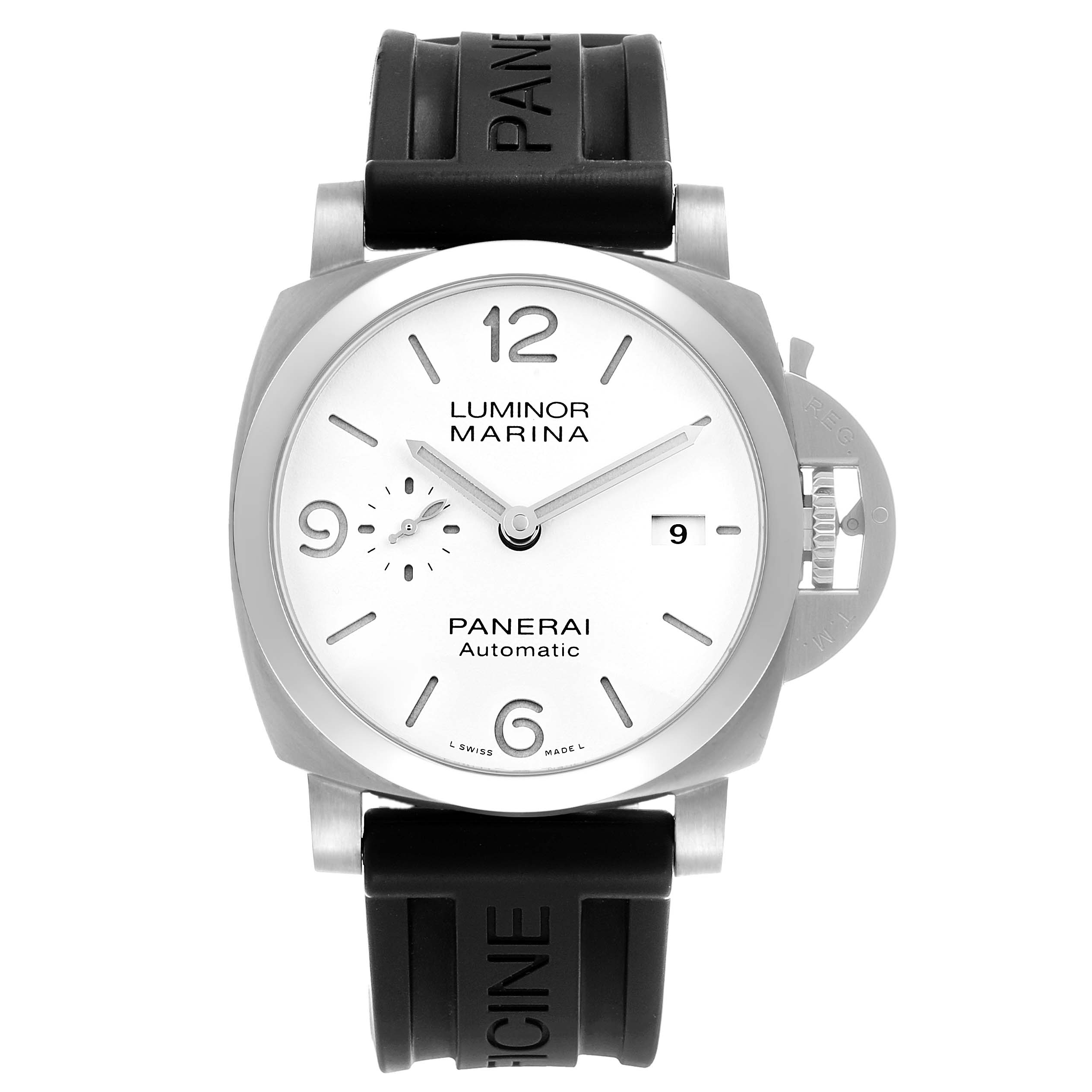 The Panerai Luminor PAM01314 Men's Stainless Steel White Dial watch is shown from the front, featuring the face, bezel, and strap.