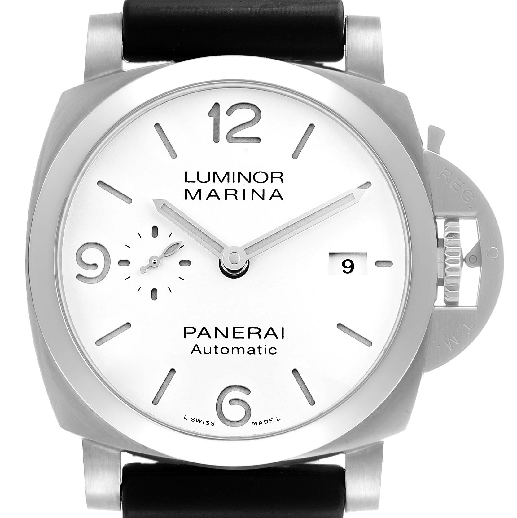 The image shows a front view of the Panerai Luminor PAM01314 Men's Stainless Steel White Dial watch, highlighting its dial, crown guard, and leather strap.